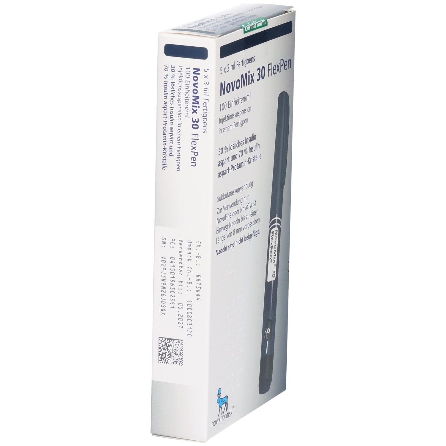 Seitenansicht der NovoMix 30 FlexPen Packung mit detaillierten Anwendungsinformationen und Produktabbildung.