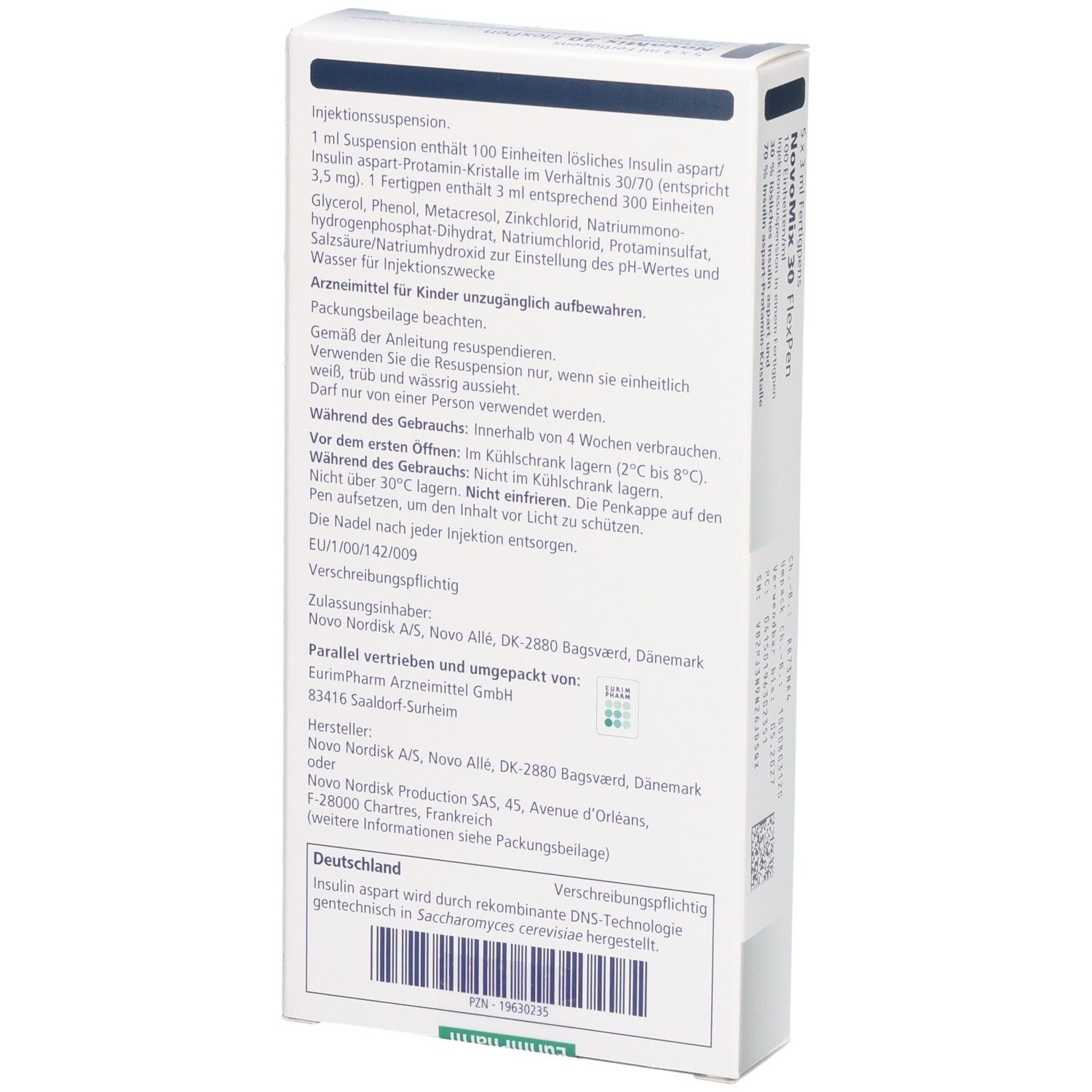 Rückseite der NovoMix 30 FlexPen Packung mit Zusammensetzung, Lagerungshinweisen und Herstellerinformationen.