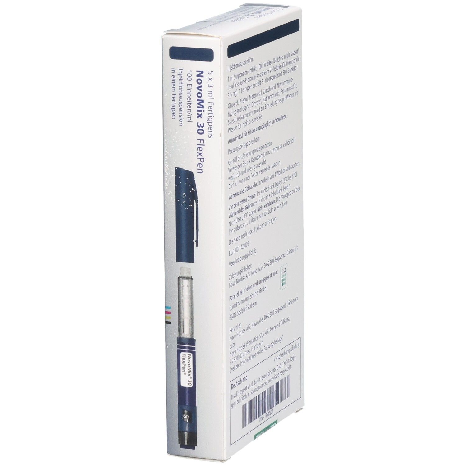Seitenansicht der NovoMix 30 FlexPen Packung, Fokus auf Produktabbildung und Dosierungsinformationen.