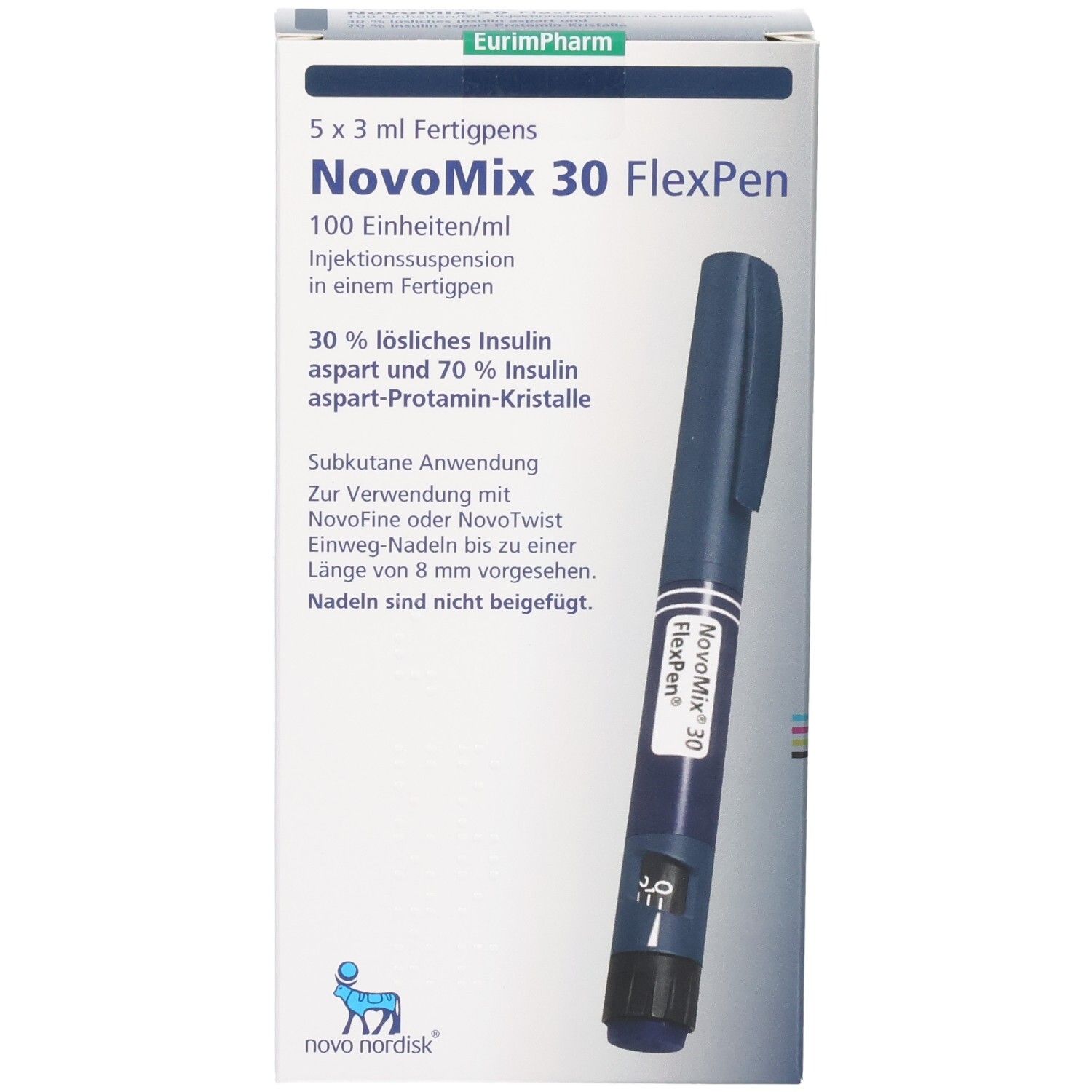 Vorderseite der NovoMix 30 FlexPen Packung mit Produktname, Stärke und Abbildung eines Injektionspens.
