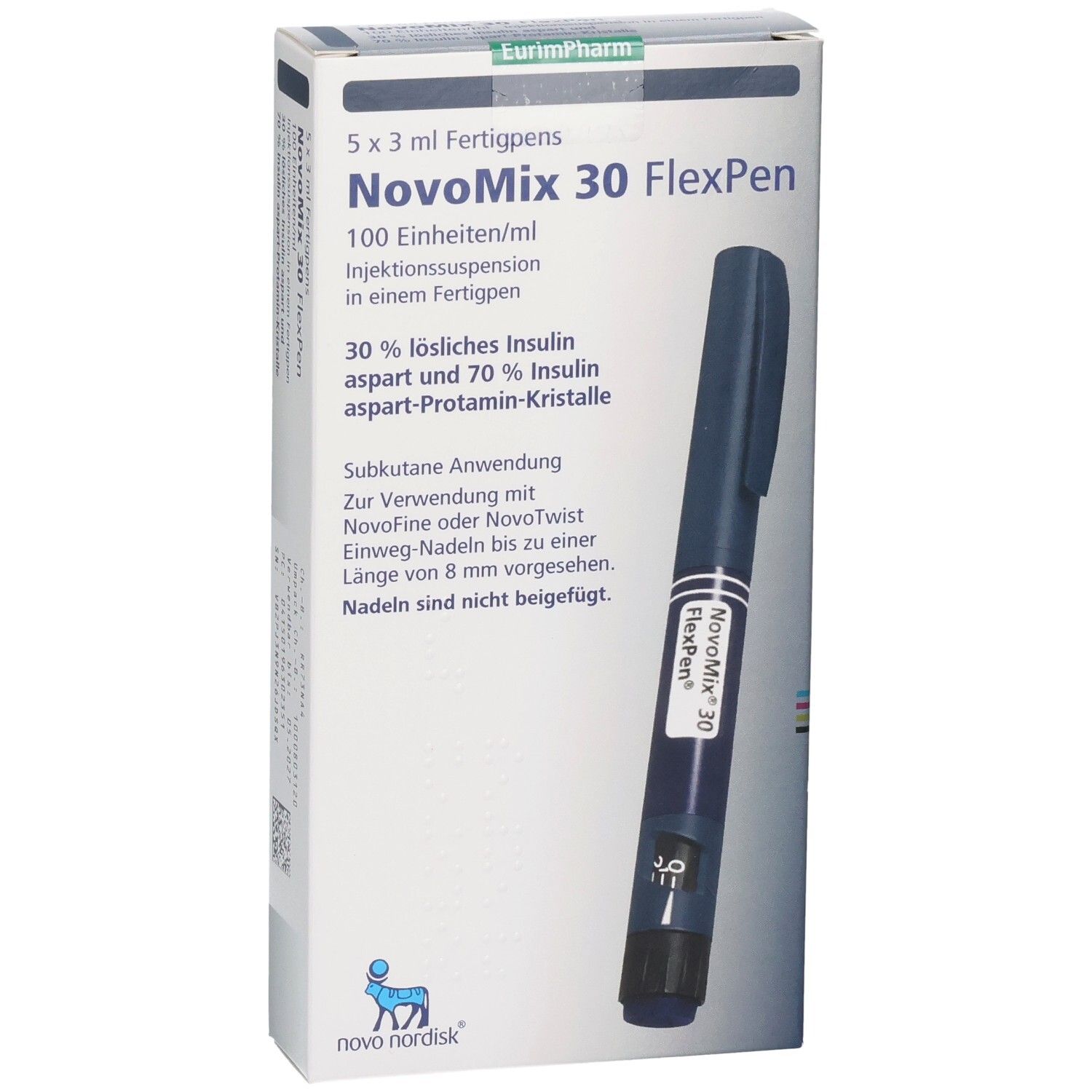 Nahaufnahme der NovoMix 30 FlexPen Packung, zeigt den Injektionspen und wichtige Produktmerkmale.