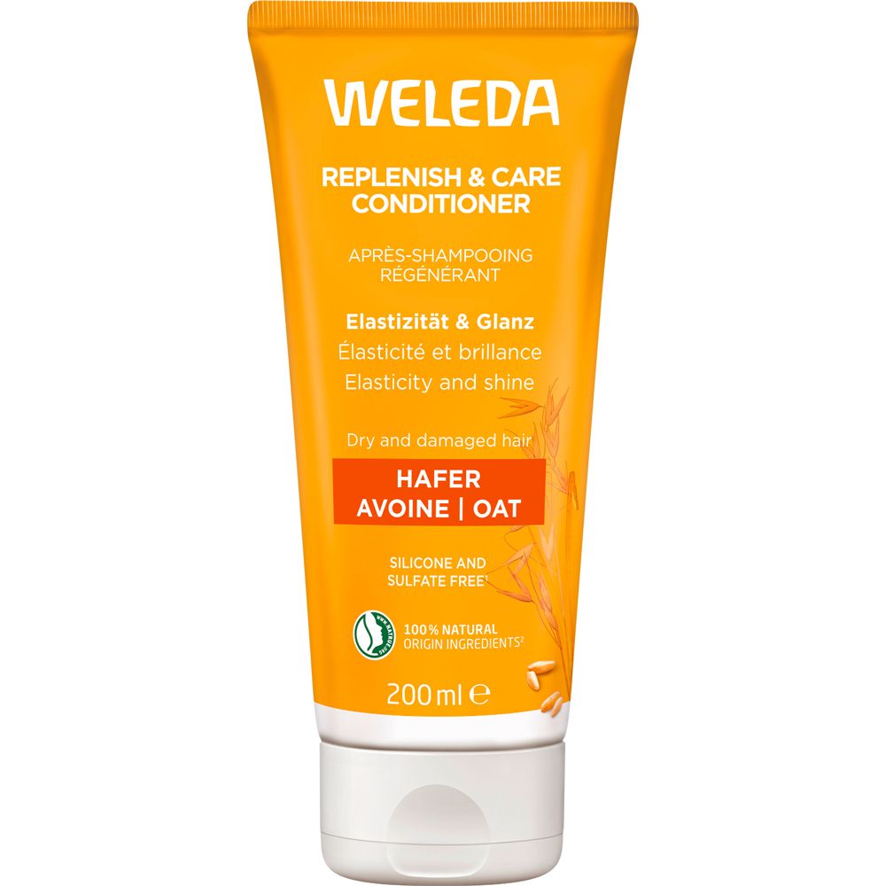 Gelbe Tube mit Weleda-Aufschrift. Enthält Hafer Aufbau-Spülung. Text: Elastizität & Glanz, 200ml. Mit Natur-Siegel.