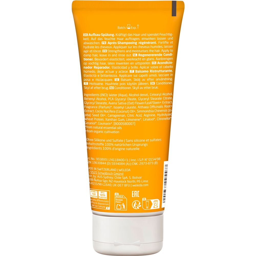 Rückseite der gelben Weleda-Tube. Enthält Text in mehreren Sprachen, Inhaltsstoffe und Herstellerinformationen.