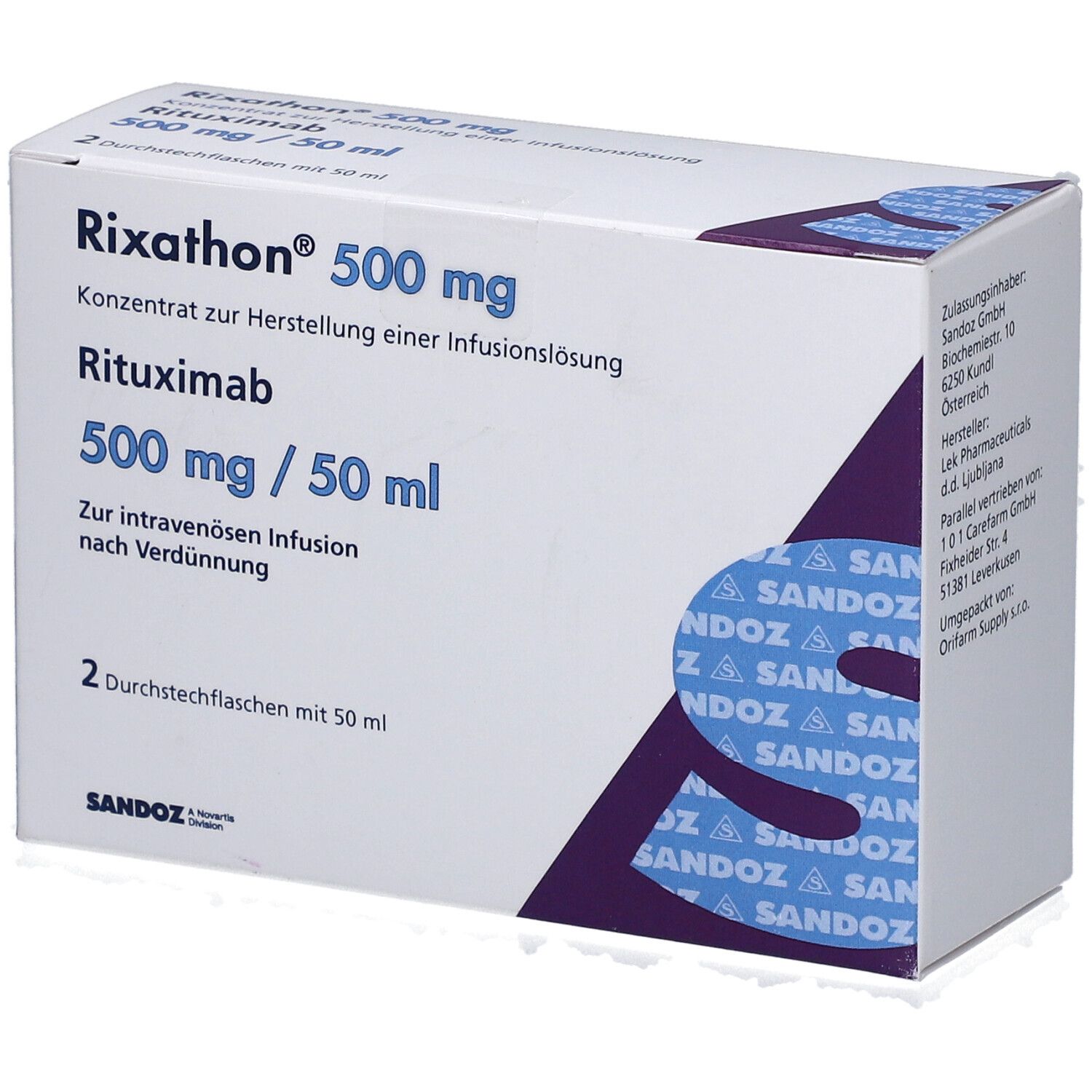 Karton von Rixathon 500 mg. Enthält 2 Durchstechflaschen mit 50 ml. Aufschrift: Rituximab 500 mg / 50 ml.