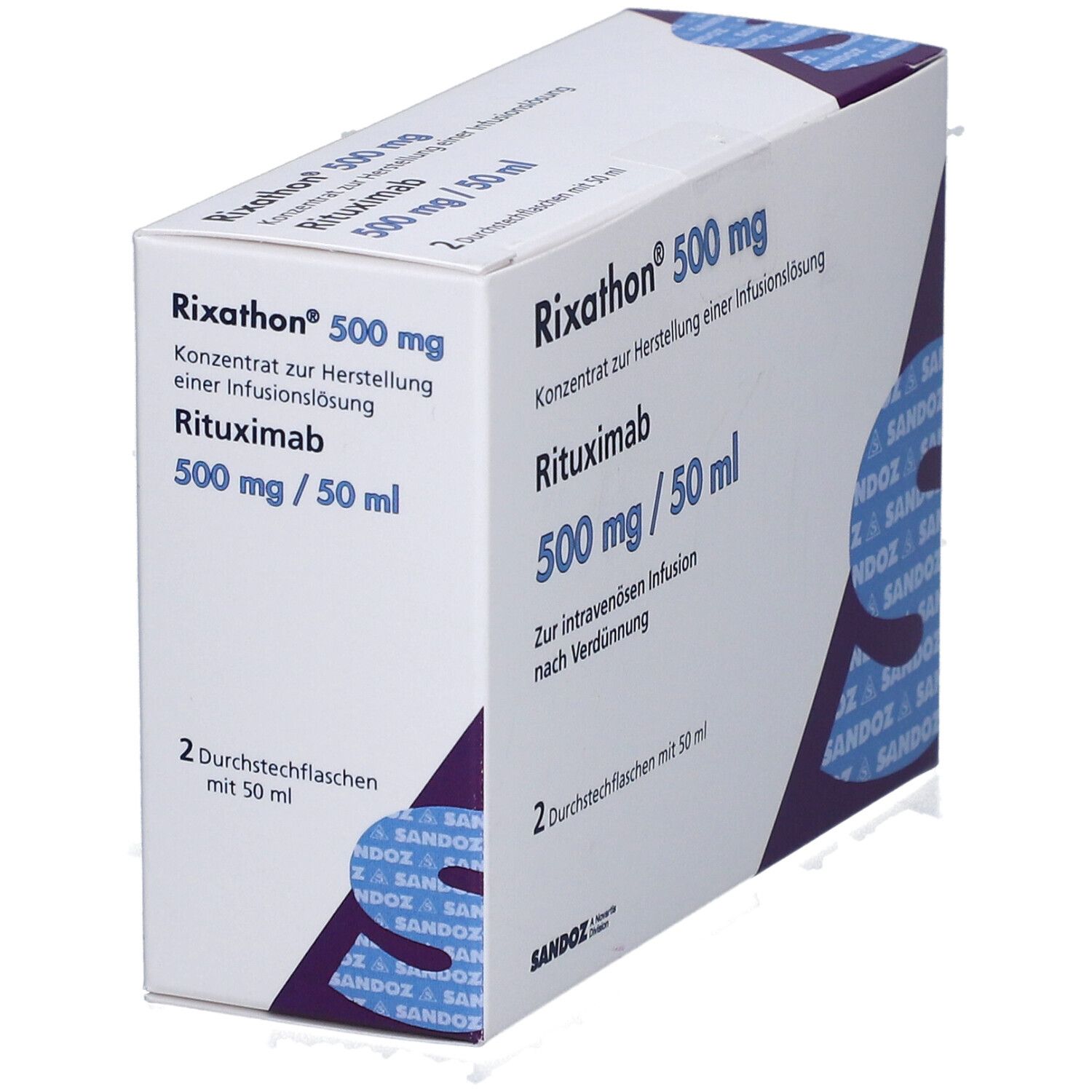 Karton von Rixathon 500 mg. Aufschrift: Rituximab 500 mg / 50 ml. Enthält 2 Durchstechflaschen mit 50 ml.