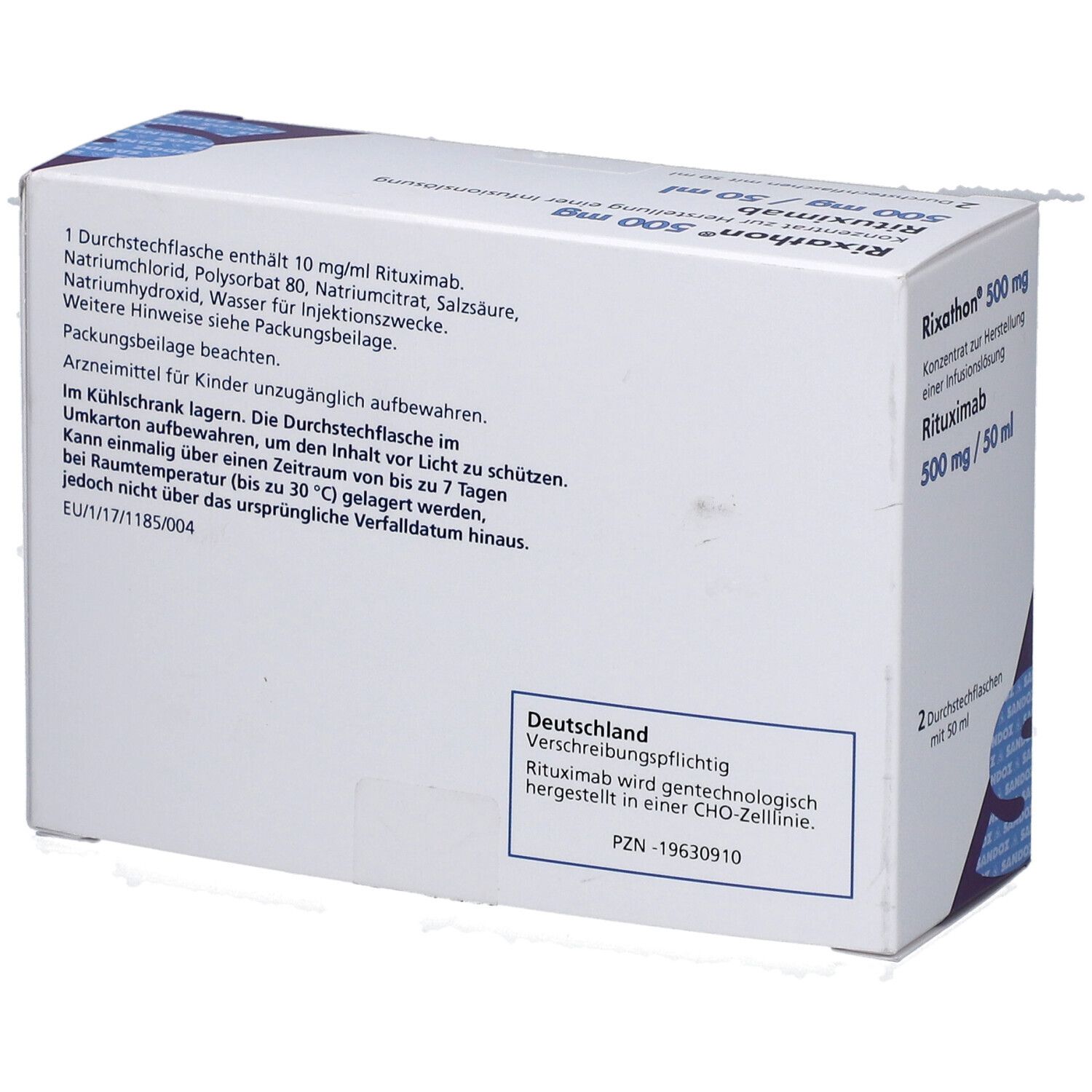 Rückseite des Rixathon 500 mg Kartons. Enthält Informationen und Inhaltsstoffe. Hergestellt in Deutschland.