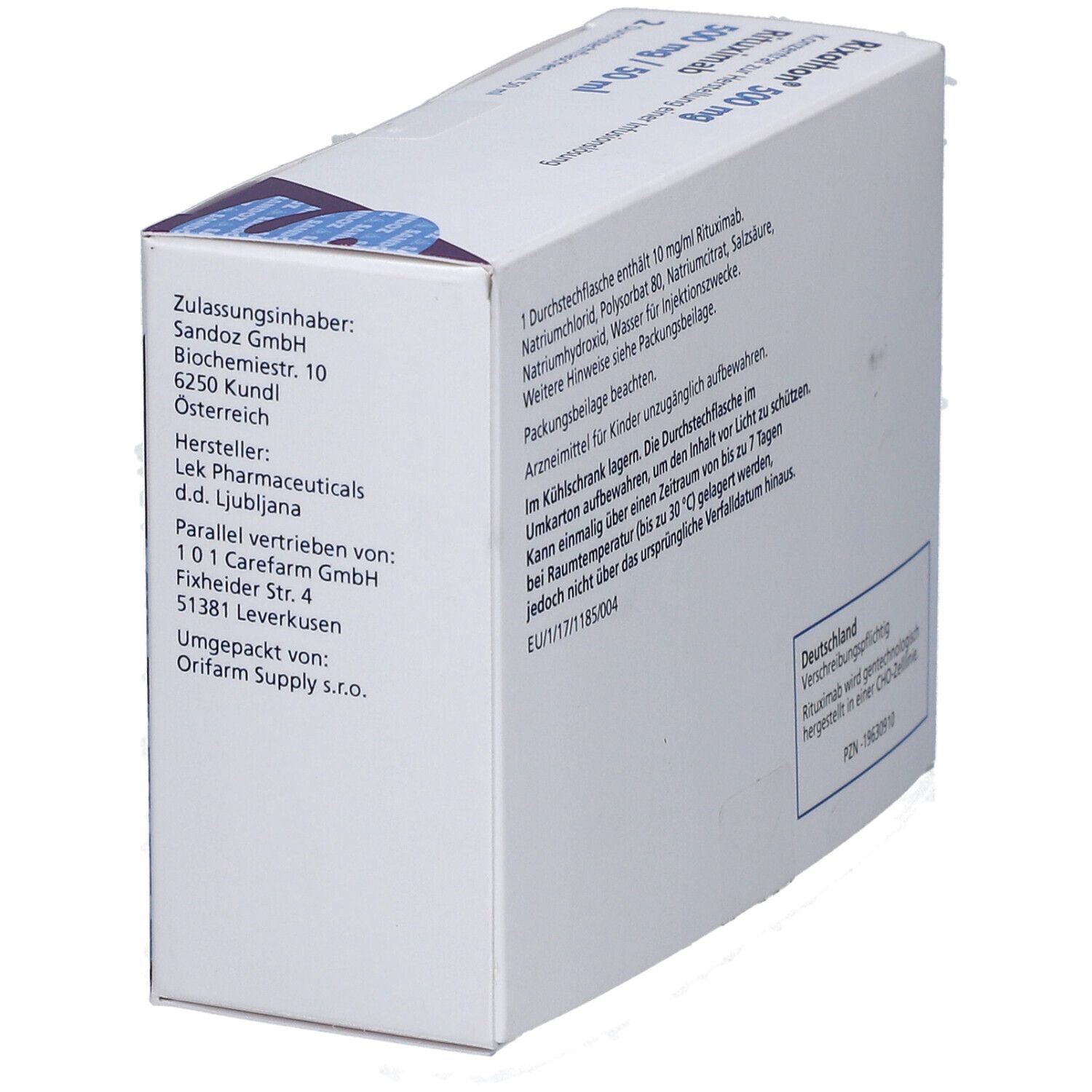 Seite des Rixathon 500 mg Kartons. Enthält Informationen zum Hersteller und Vertrieb.