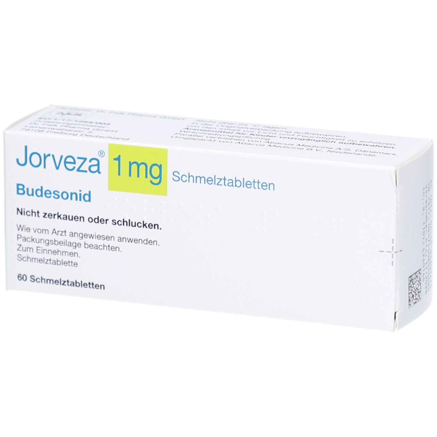 JORVEZA 1 mg Schmelztabletten-Packung. Weiße Schachtel mit Produktnamen, Dosierung und Inhaltsstoff. 60 Schmelztabletten.