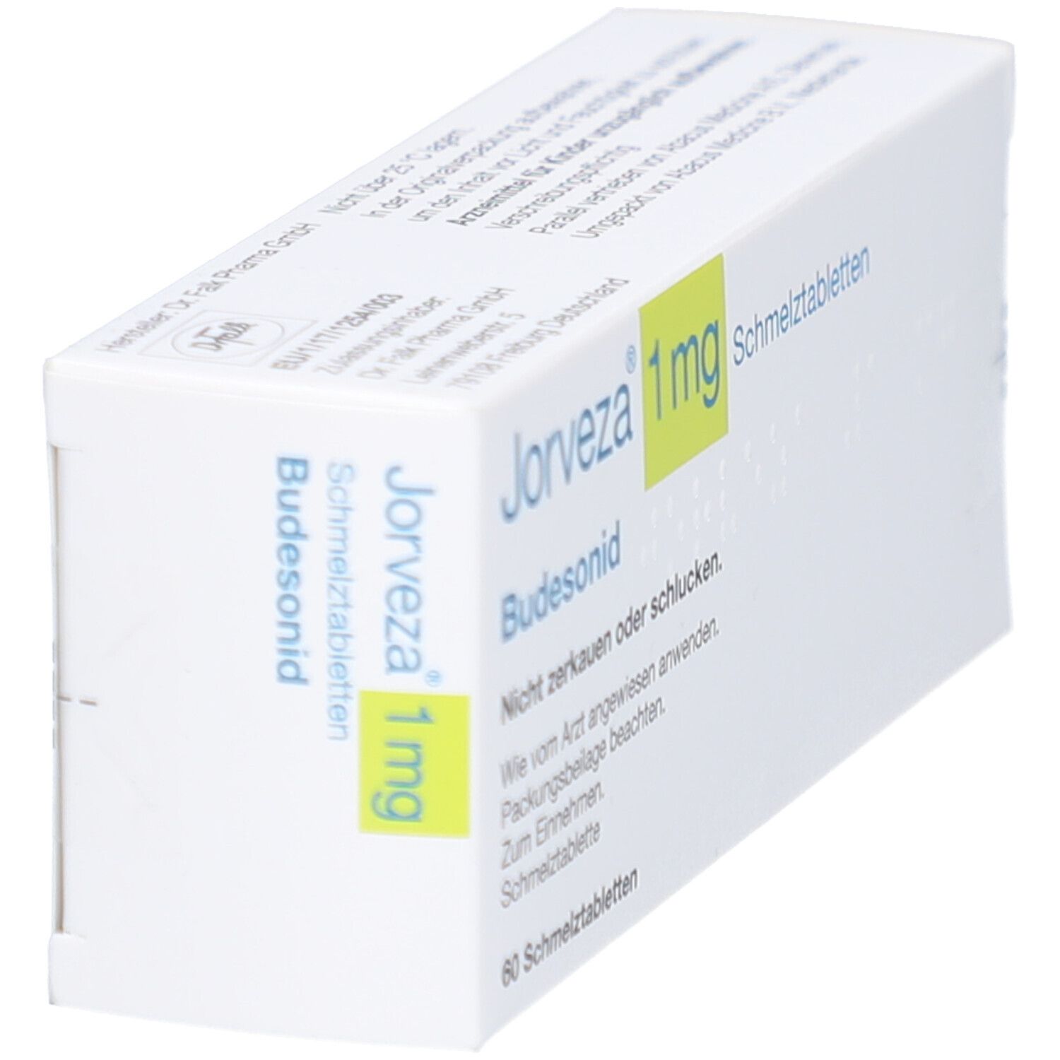 JORVEZA 1 mg Schmelztabletten-Packung, schräg. Weiße Schachtel mit Produktnamen, Dosierung und Inhaltsstoff.