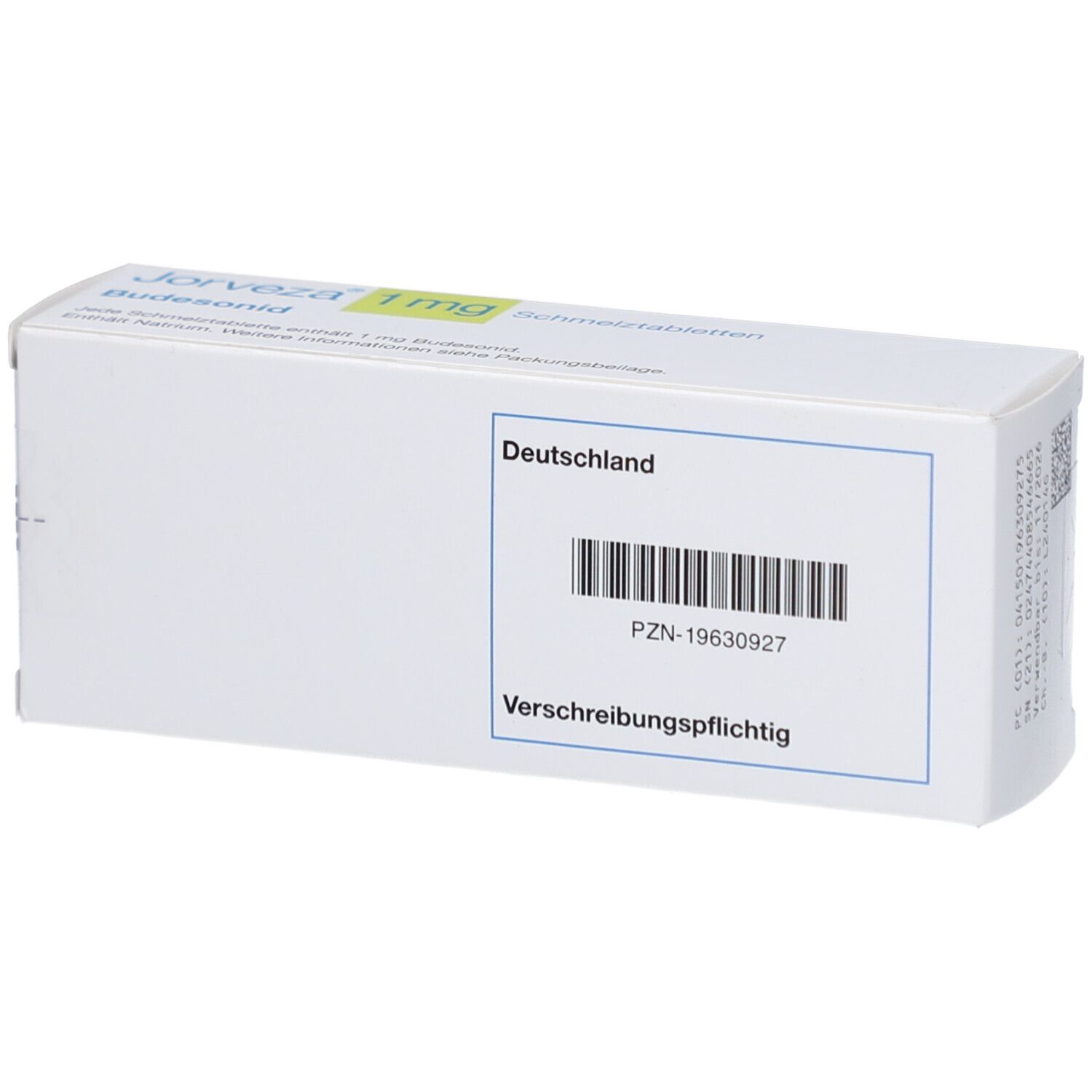Rückseite der JORVEZA 1 mg Schmelztabletten-Packung. Barcode, Text: Deutschland, verschreibungspflichtig.