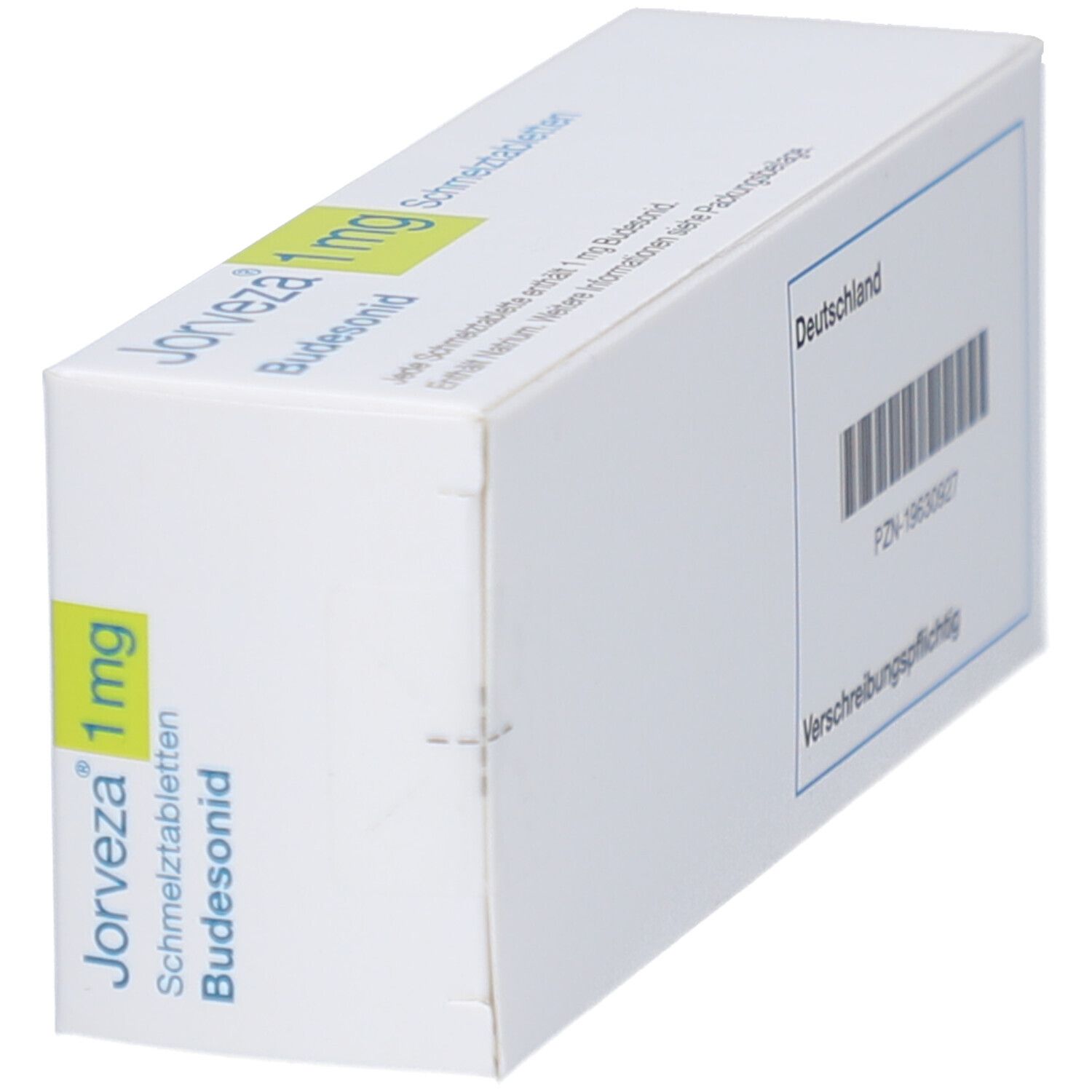 JORVEZA 1 mg Schmelztabletten-Packung, schräg. Weiße Schachtel mit Produktnamen, Dosierung und Inhaltsstoff.