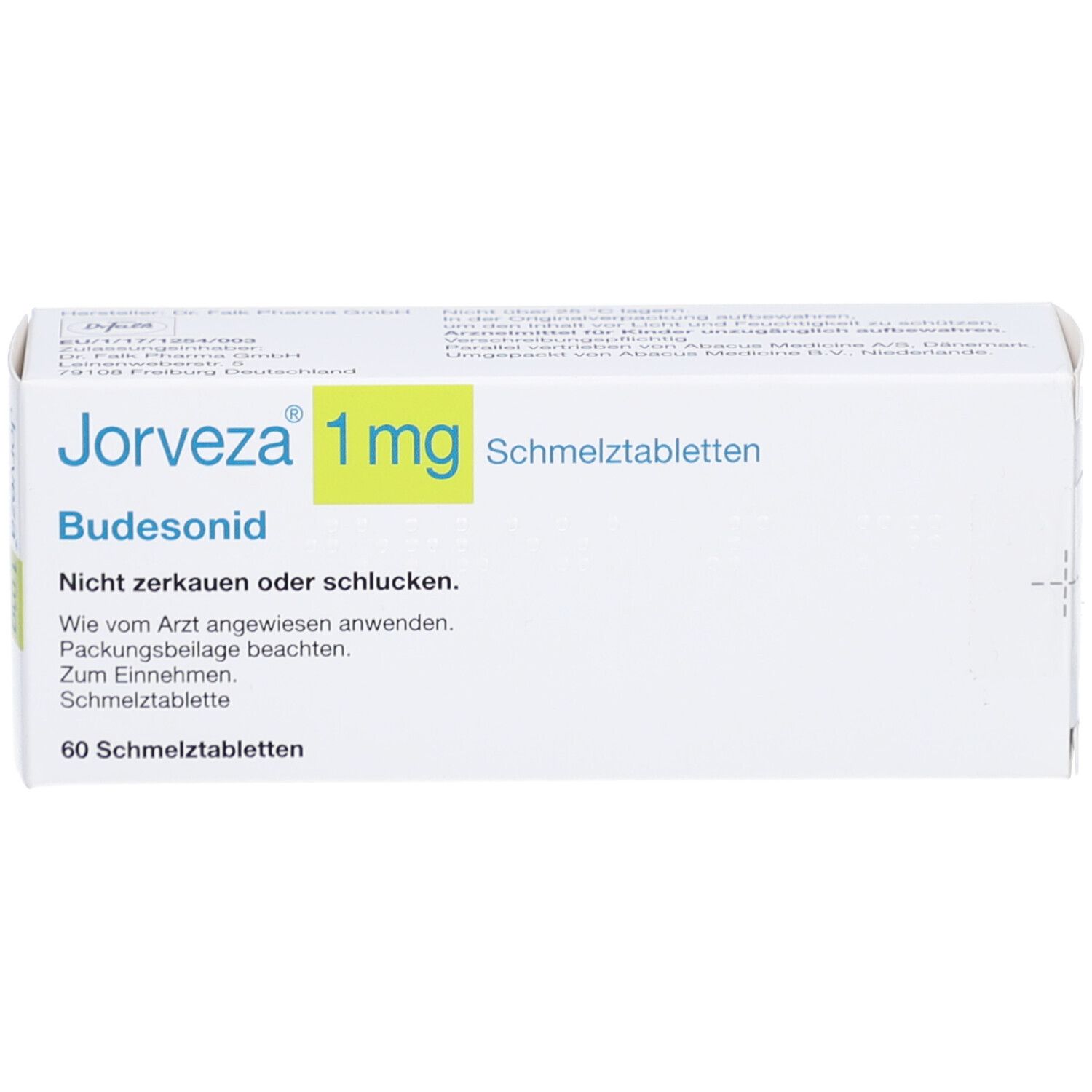 JORVEZA 1 mg Schmelztabletten-Packung. Weiße Schachtel mit Produktnamen, Dosierung und Inhaltsstoff. 60 Schmelztabletten.