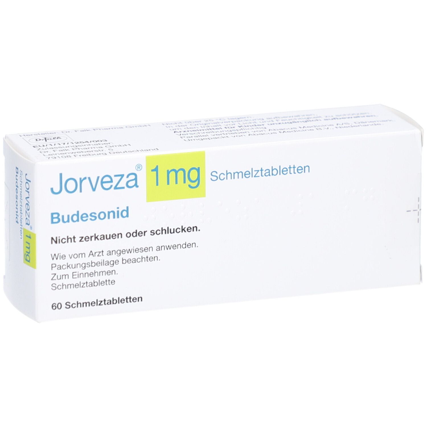 JORVEZA 1 mg Schmelztabletten-Packung. Weiße Schachtel mit Produktnamen, Dosierung und Inhaltsstoff. 60 Schmelztabletten.