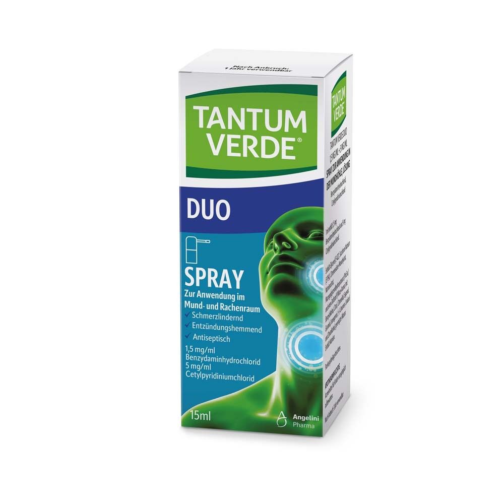 TANTUM VERDE Duo Spray und Verpackung. Grün-weiße Flasche mit Sprühkopf und Karton. Aufdruck: Duo, Spray, 15ml.