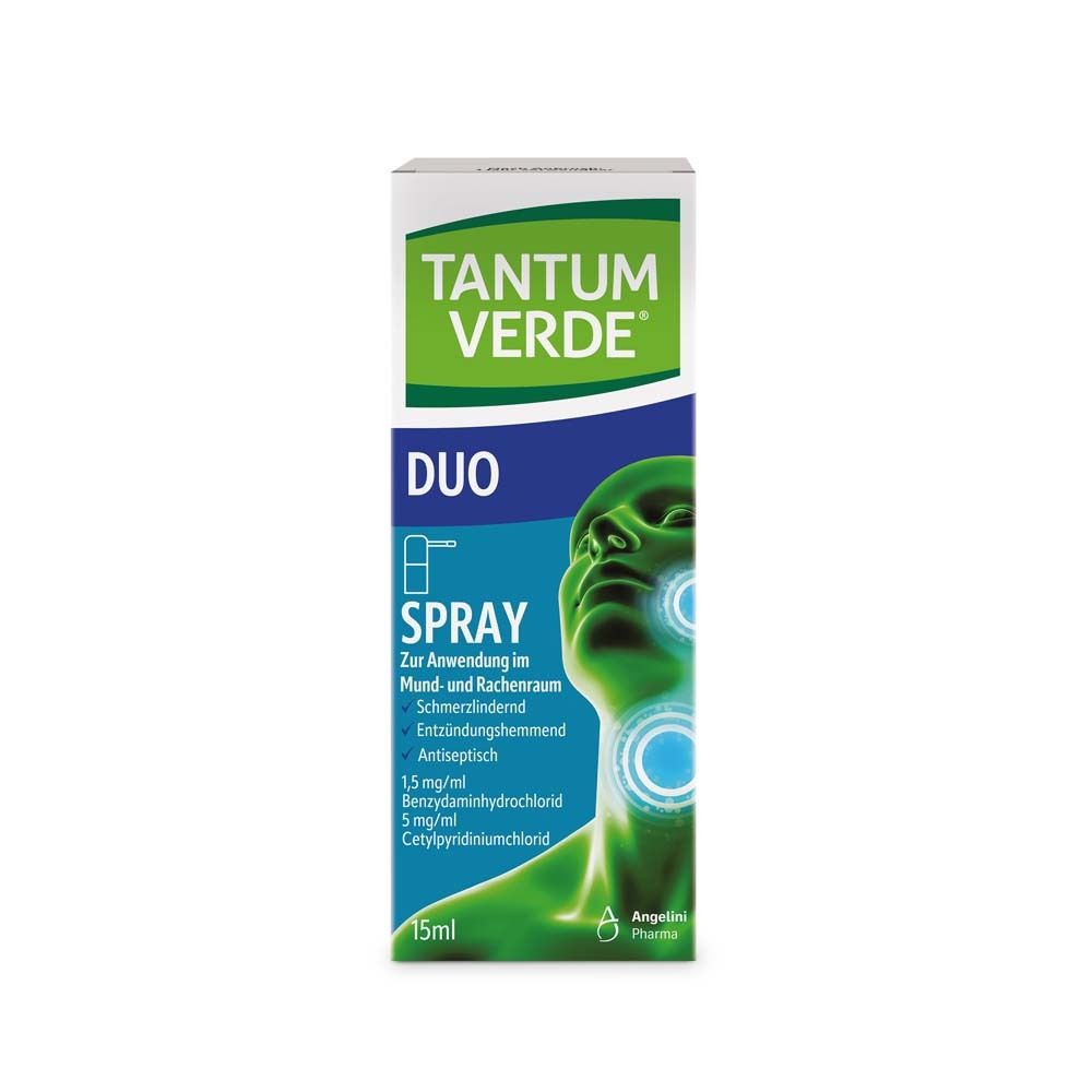 TANTUM VERDE Duo Spray und Verpackung. Grün-weiße Flasche mit Sprühkopf und Karton. Aufdruck: Duo, Spray, 15ml.