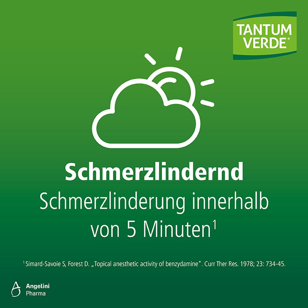 Text auf grünem Hintergrund: Schmerzlindernd innerhalb von 5 Minuten. Sonne und Wolke. Logo TANTUM VERDE®.