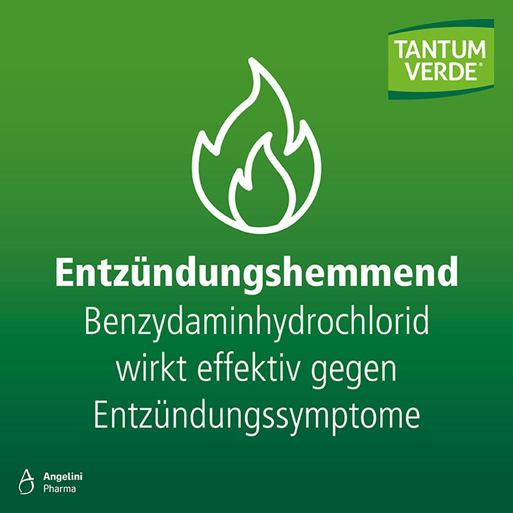 Text auf grünem Hintergrund: Entzündungshemmend. Flammen-Symbol. Logo TANTUM VERDE®.