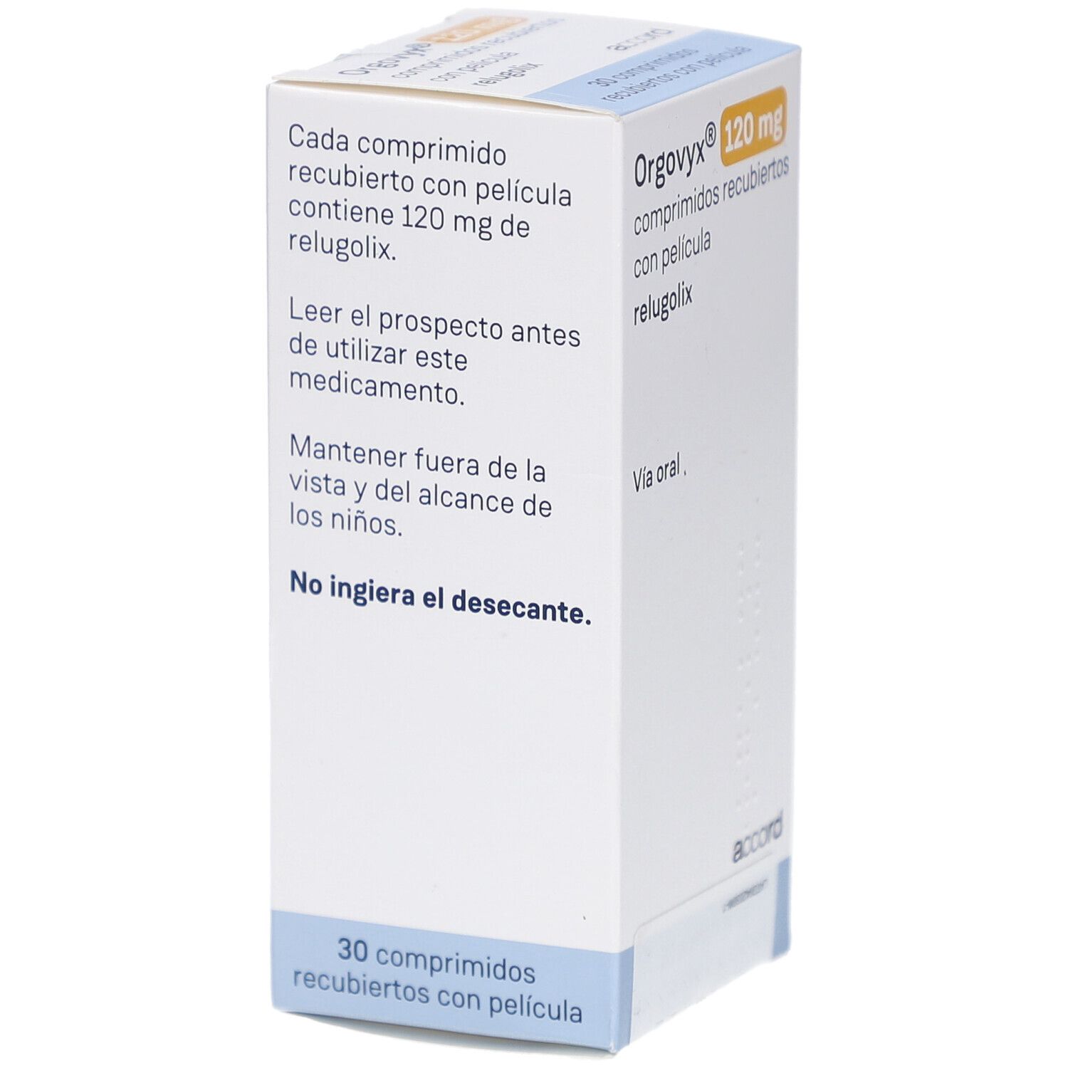 Schachtel mit ORGOVYX 120 mg. Text: comprimidos recubiertos con película, relugolix. Enthält 30 Tabletten. Accord Logo.