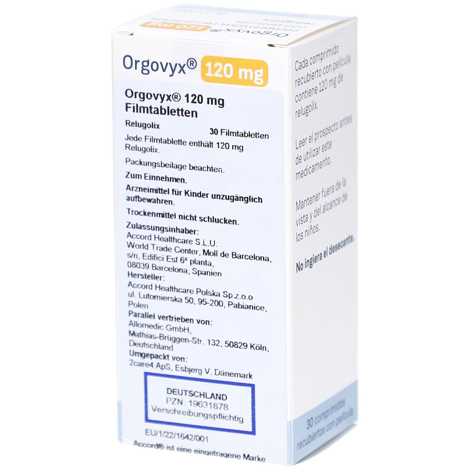 Schachtel mit ORGOVYX 120 mg Filmtabletten. Text: 30 Filmtabletten. Herstellerinformationen. Accord Logo. PZN-Nummer.