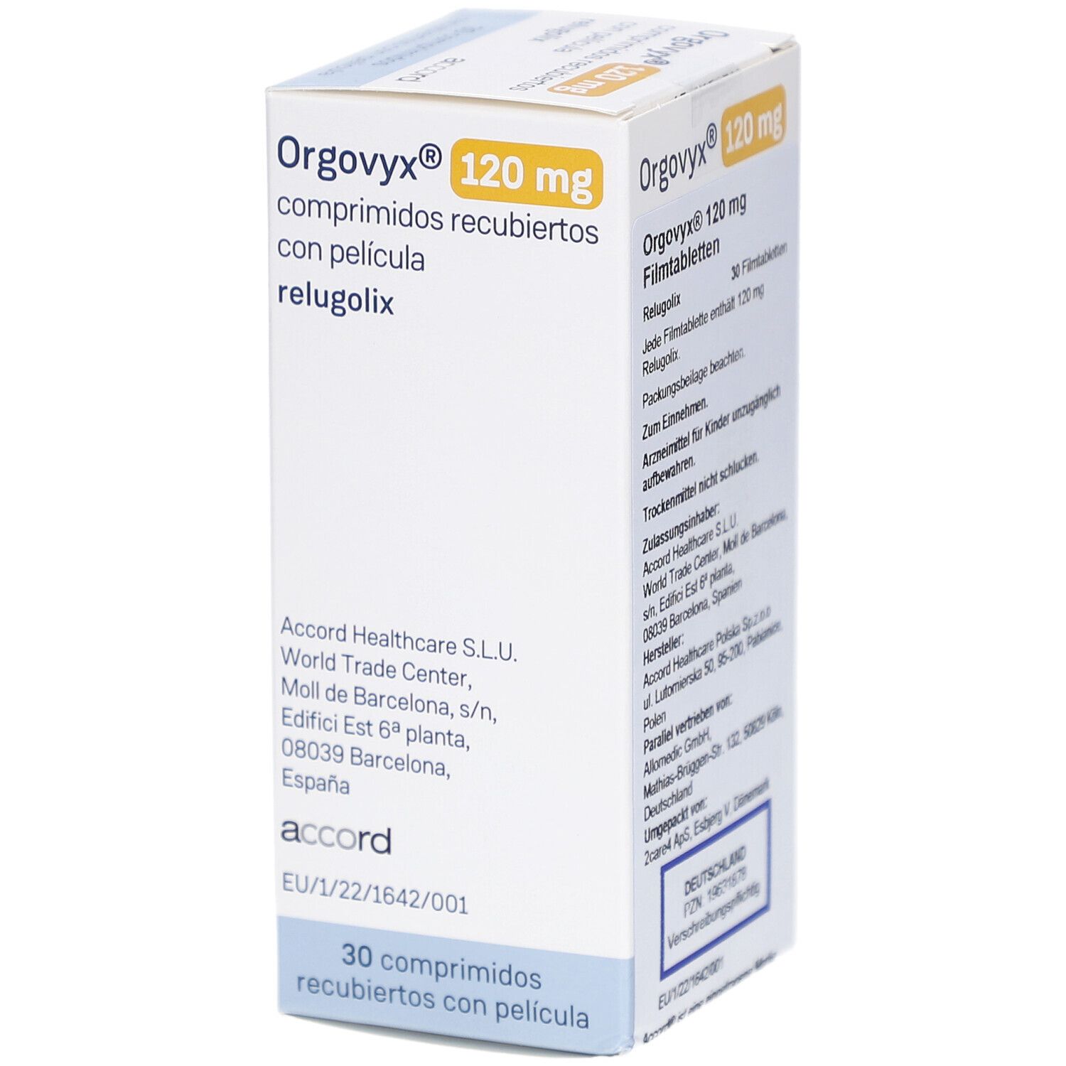 Schachtel mit ORGOVYX 120 mg. Text: comprimidos recubiertos con película, relugolix. 30 Filmtabletten. Accord Logo.