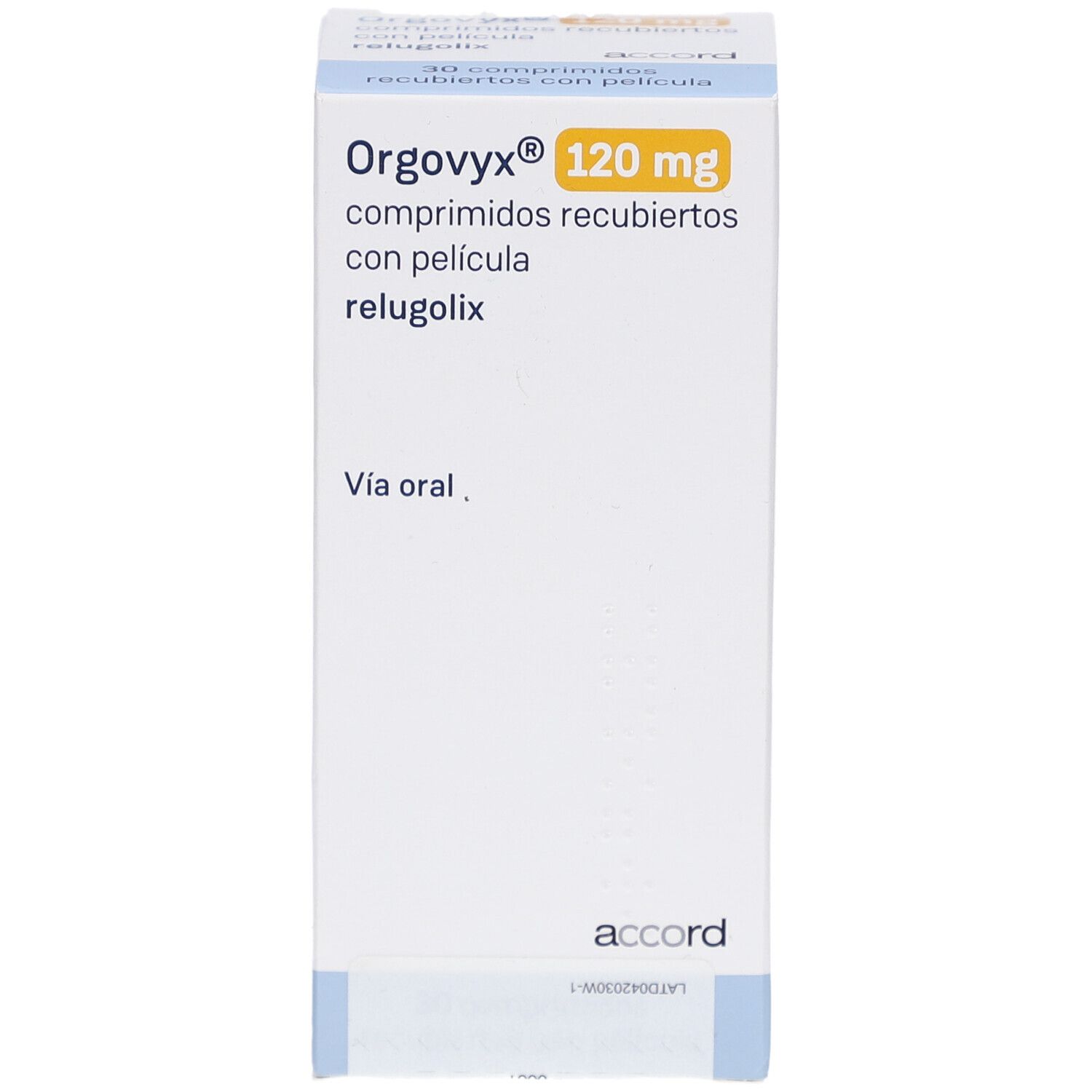 Schachtel mit ORGOVYX 120 mg. Text: comprimidos recubiertos con película, relugolix. Accord Logo.