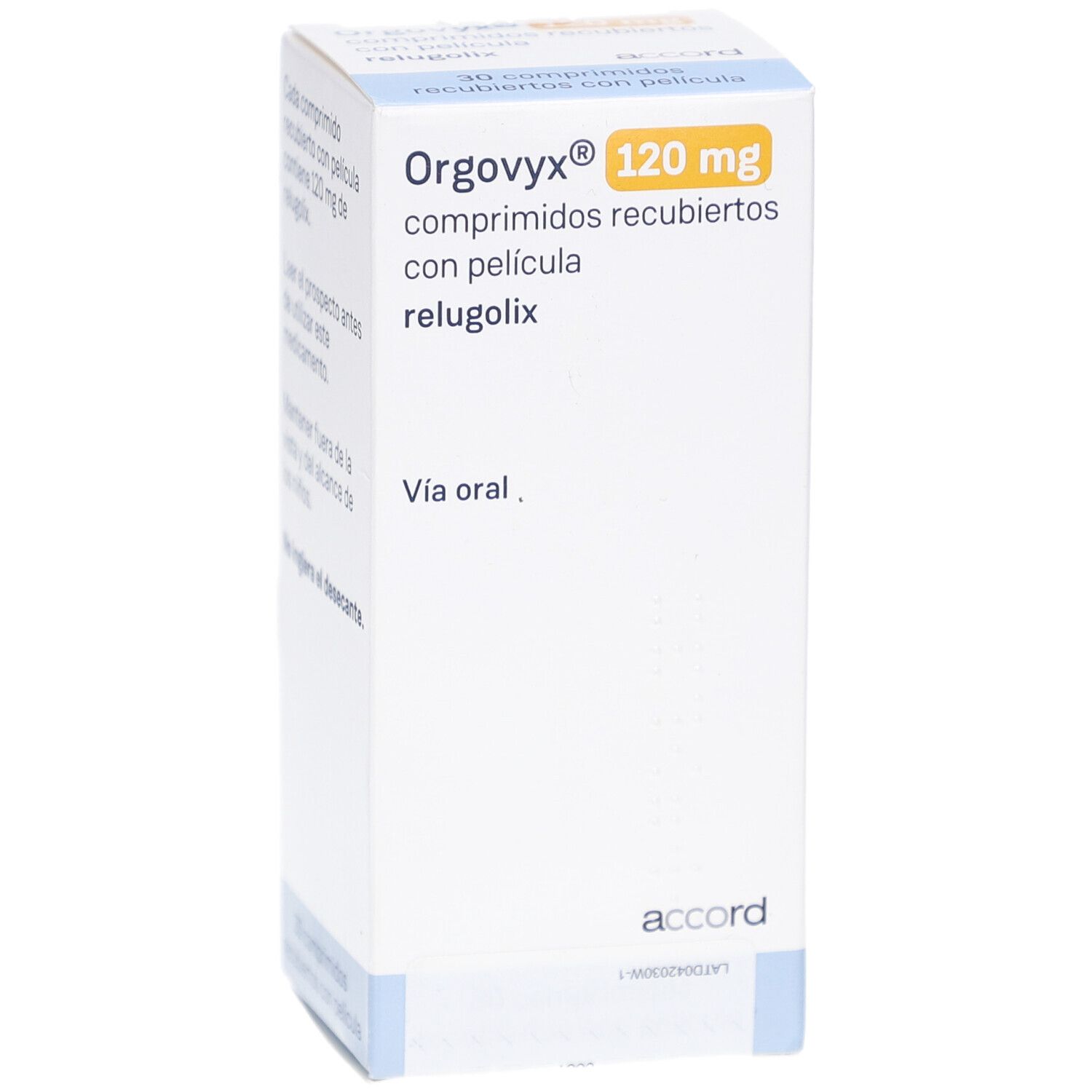 Schachtel mit ORGOVYX 120 mg. Text: comprimidos recubiertos con película, relugolix. Accord Logo.