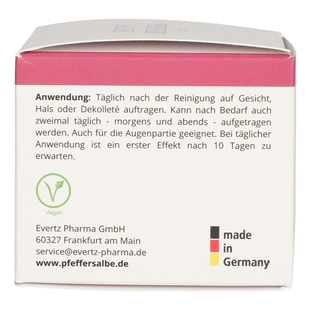 Rückseite der Faltschachtel. Text: Anwendung, Vegan-Logo, Herstellerinformationen, made in Germany.