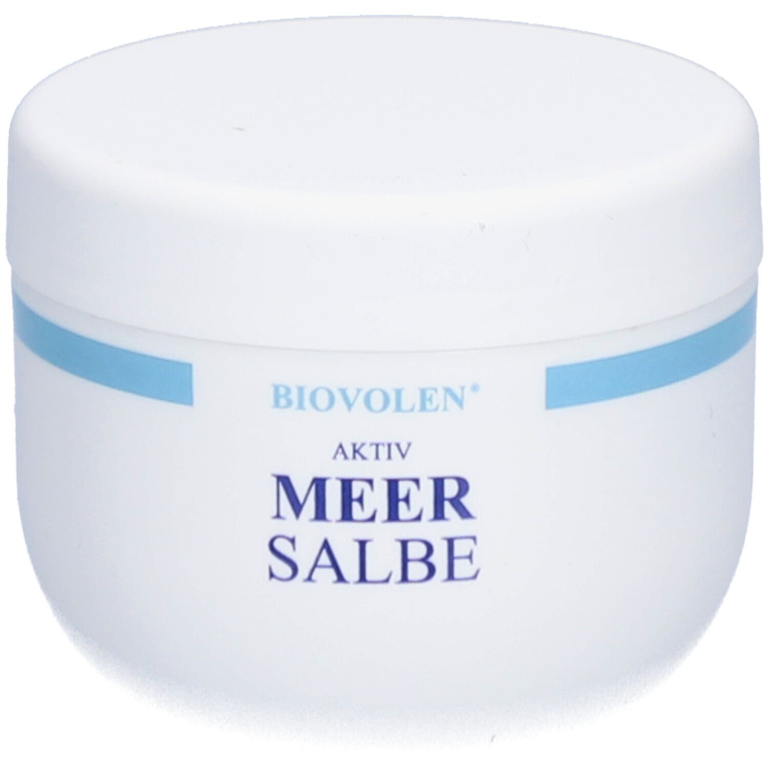 Weiße Dose mit blauem Streifen. Aufschrift: BIOVOLEN AKTIV MEER SALBE.