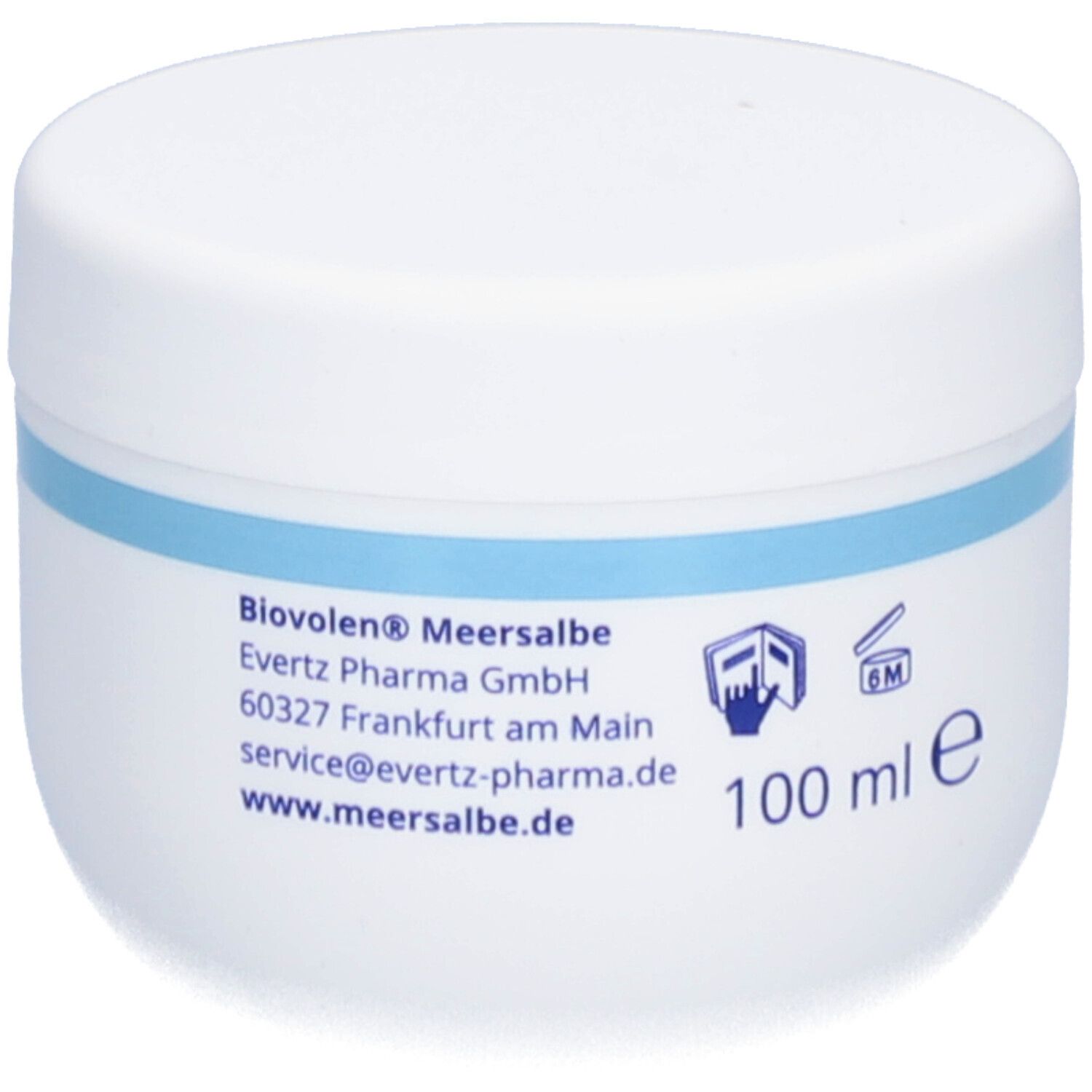 Weiße Dose mit blauem Streifen. Aufschrift: BIOVOLEN MEERSALBE, 100 ml.