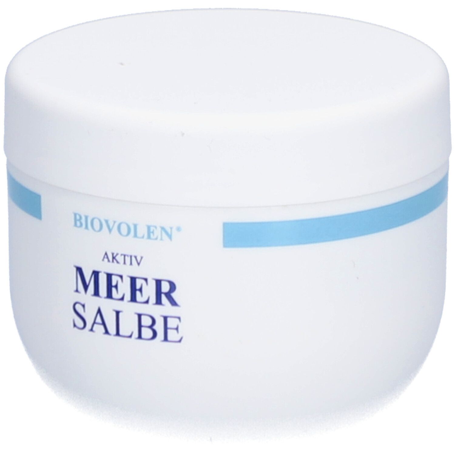 Weiße Dose mit blauem Streifen. Aufschrift: BIOVOLEN AKTIV MEER SALBE.