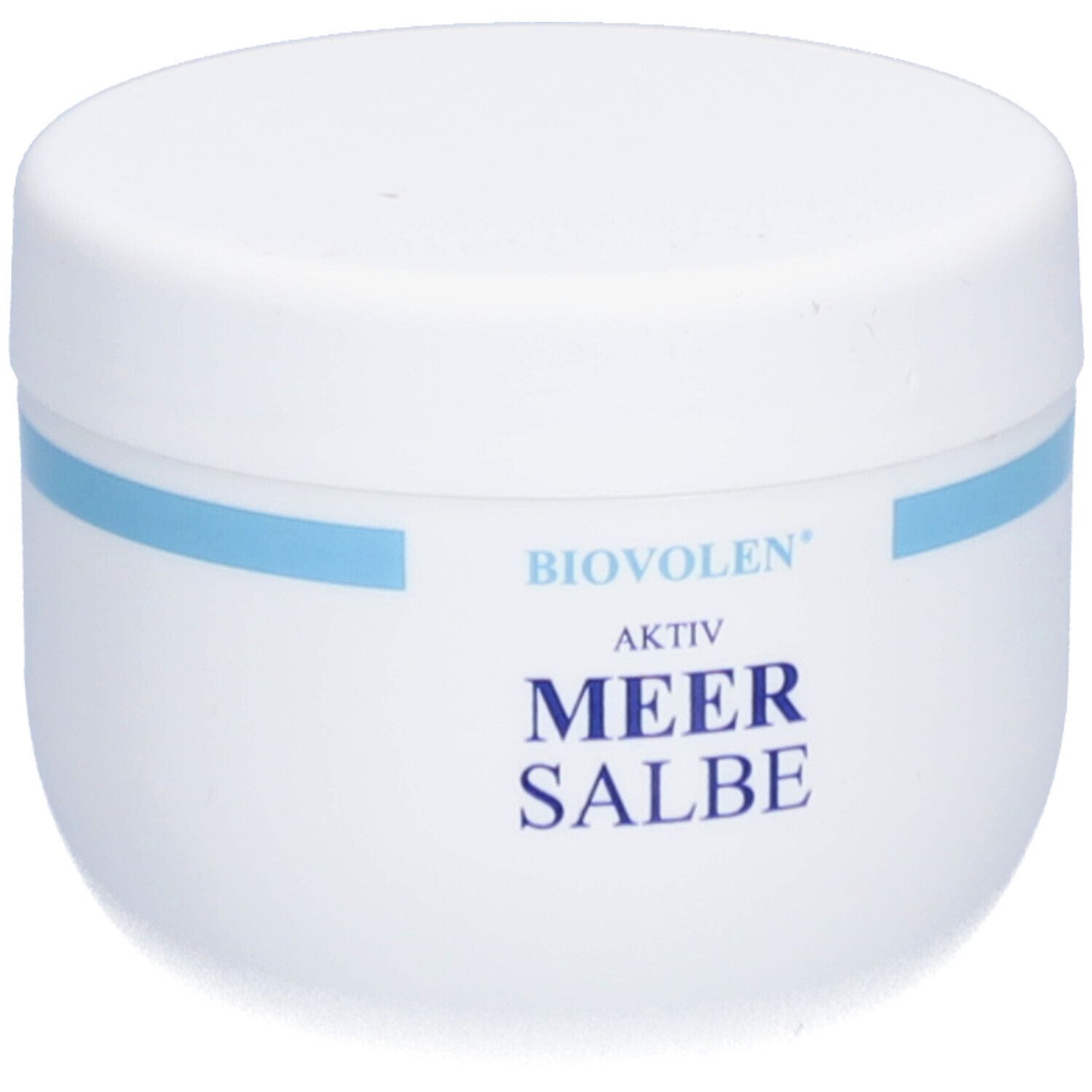 Weiße Dose mit blauem Streifen. Aufschrift: BIOVOLEN AKTIV MEER SALBE.