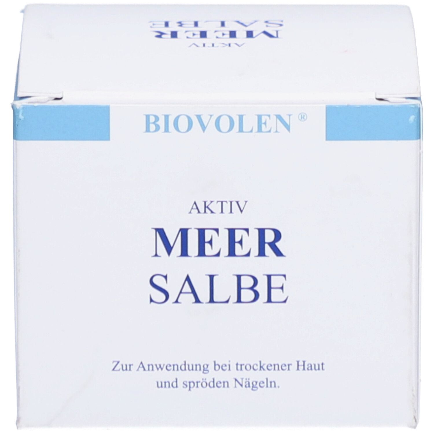 Weiße Schachtel mit blauem Streifen. Aufschrift: BIOVOLEN AKTIV MEER SALBE.