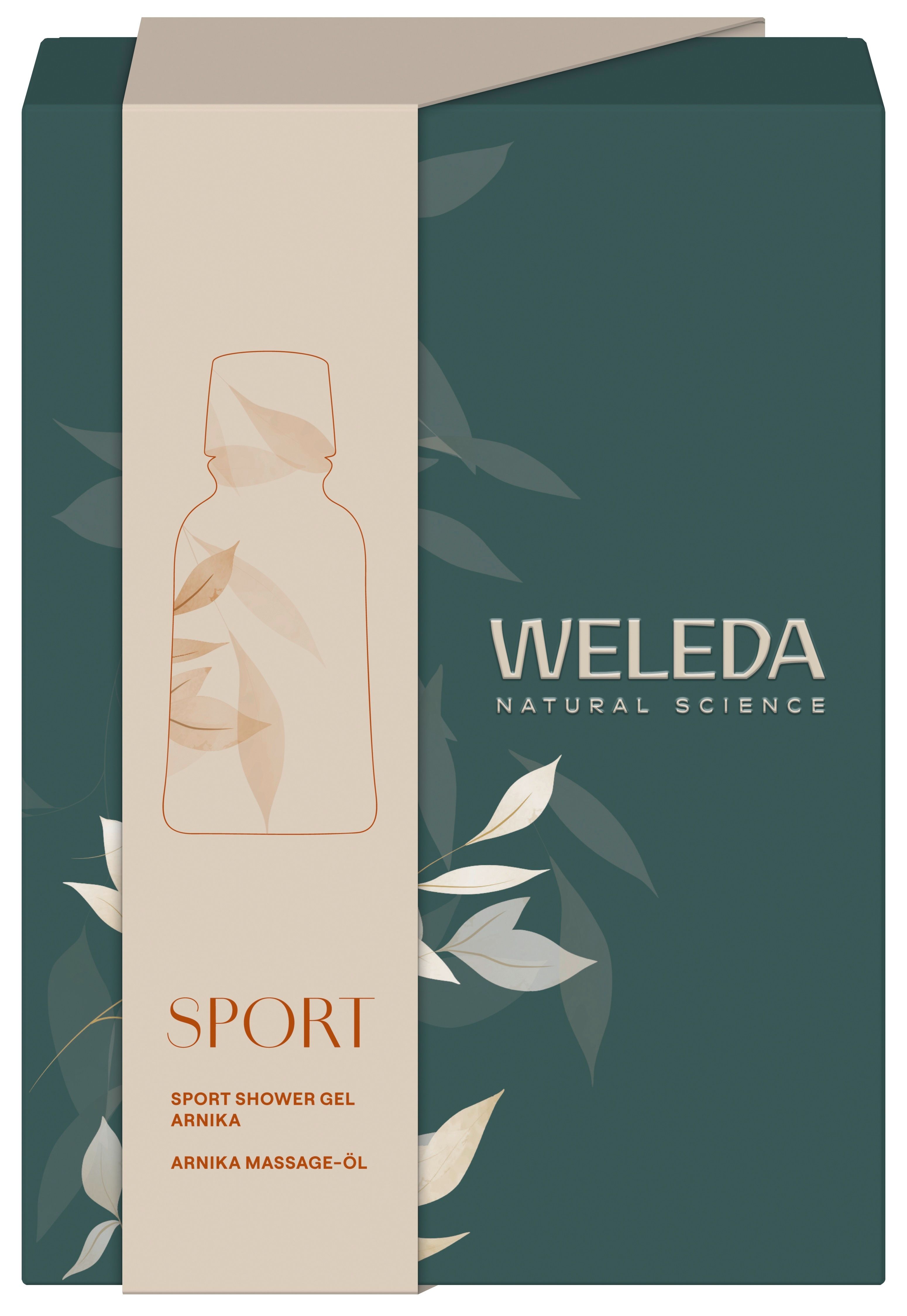 Geschenkset-Verpackung, dunkelgrün mit beigem Band. Aufdruck: WELEDA, SPORT, Produktabbildung.