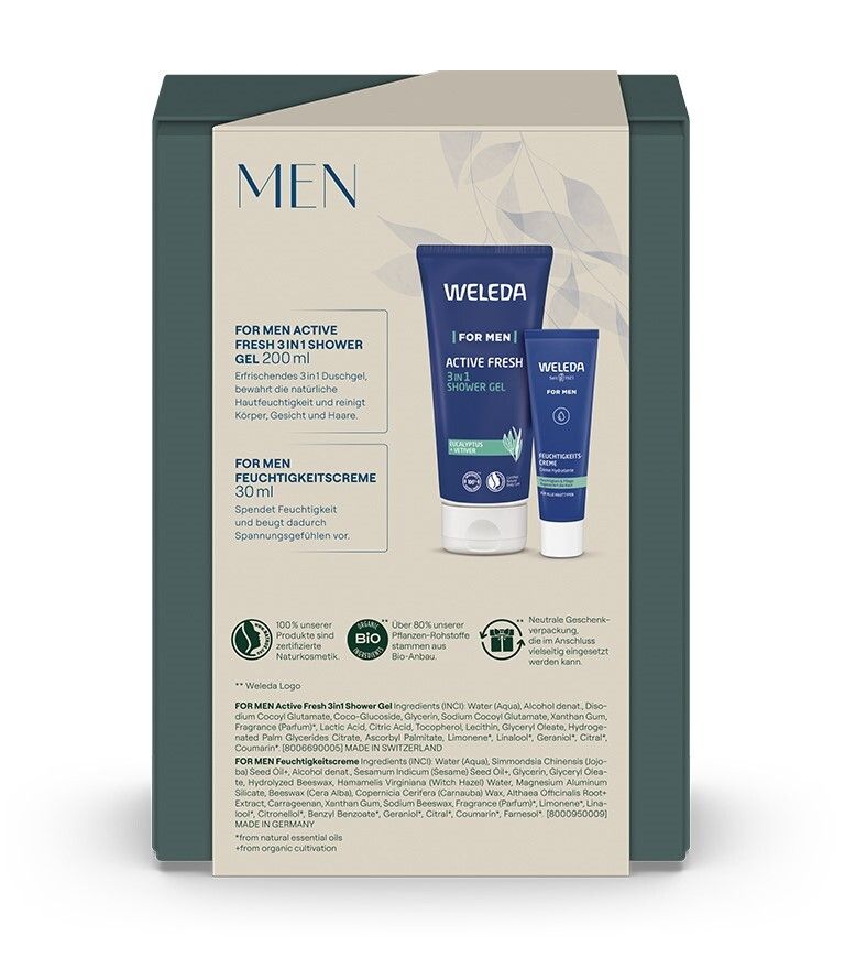 Rückseite des Geschenksets. Enthält 3in1 Duschgel und Feuchtigkeitscreme. Produktinformationen und Logos.