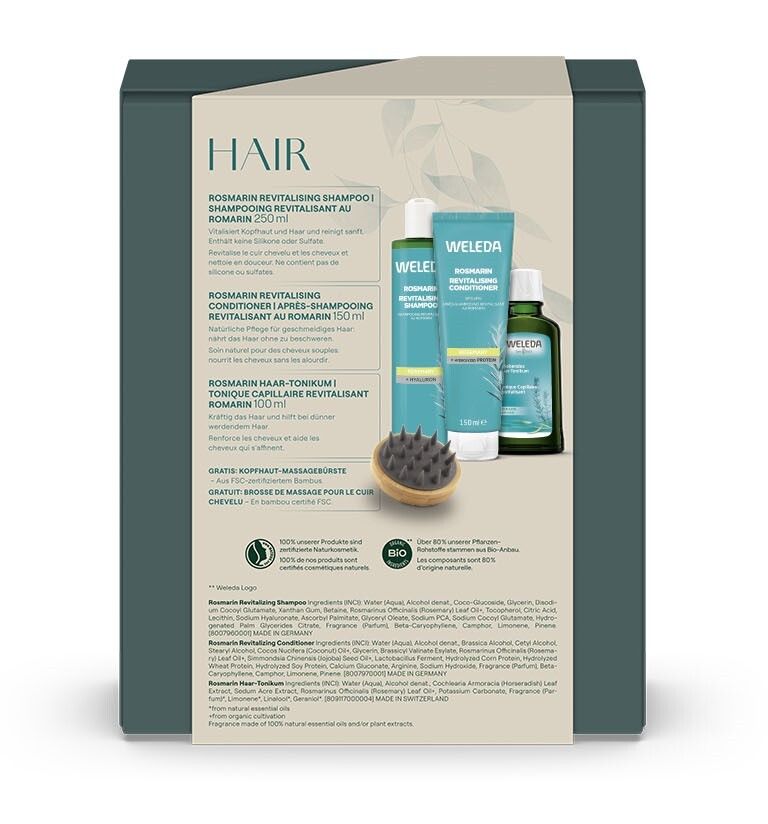 Rückseite der Geschenkbox. Enthält Shampoo, Conditioner, Tonikum und Massagebürste. Inhaltsstoffe und Logos.