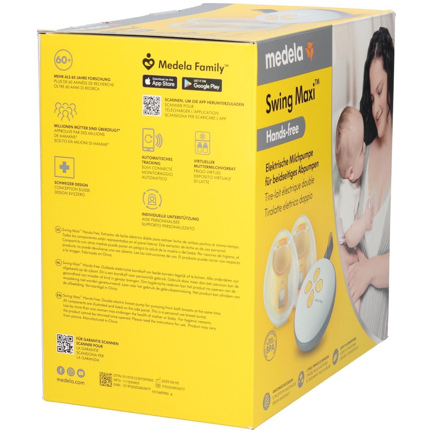 Rückseite der Medela Swing Maxi™ Hands-free Doppelmilchpumpe Verpackung mit Produktinformationen und App-Hinweisen.