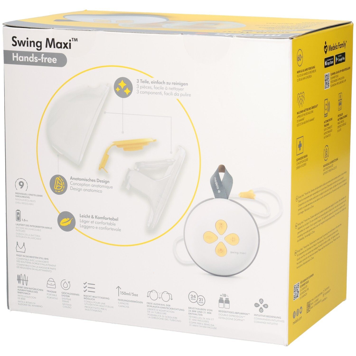 Rückseite der Medela Swing Maxi™ Hands-free Doppelmilchpumpe Verpackung mit Darstellung der Komponenten und des Designs.