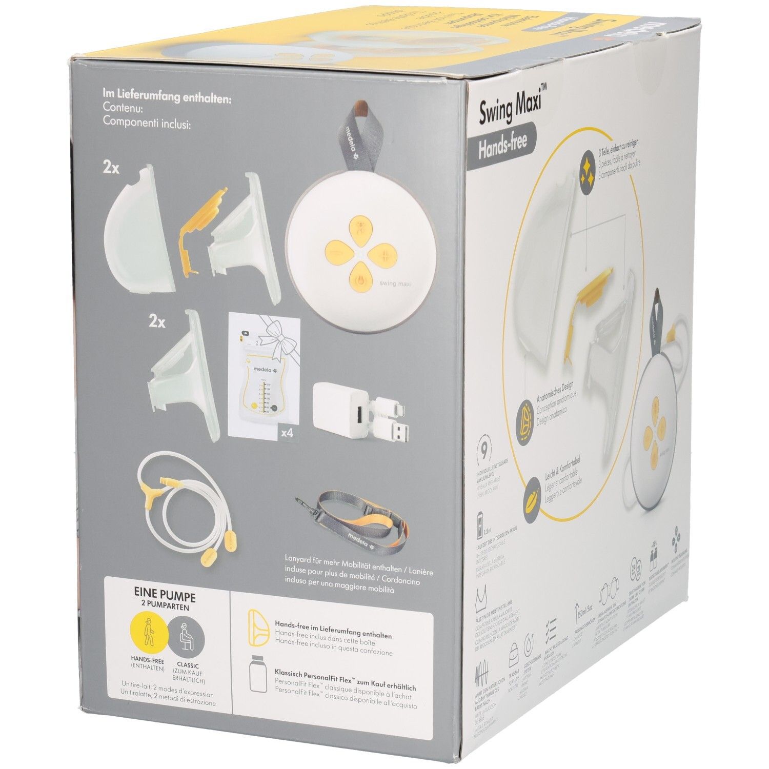 Seitenansicht der Medela Swing Maxi™ Hands-free Doppelmilchpumpe Verpackung mit abgebildetem Lieferumfang.