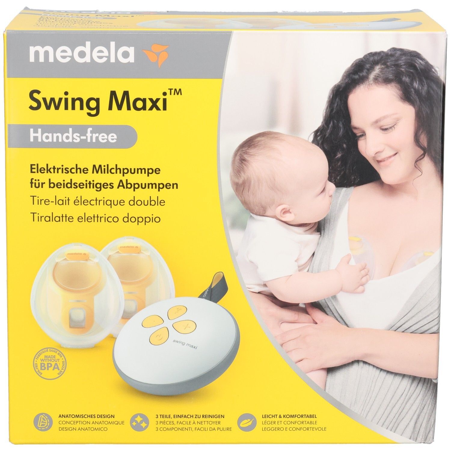 Vorderseite der Medela Swing Maxi™ Hands-free Doppelmilchpumpe Verpackung mit Produktabbildungen und Mutter mit Baby.