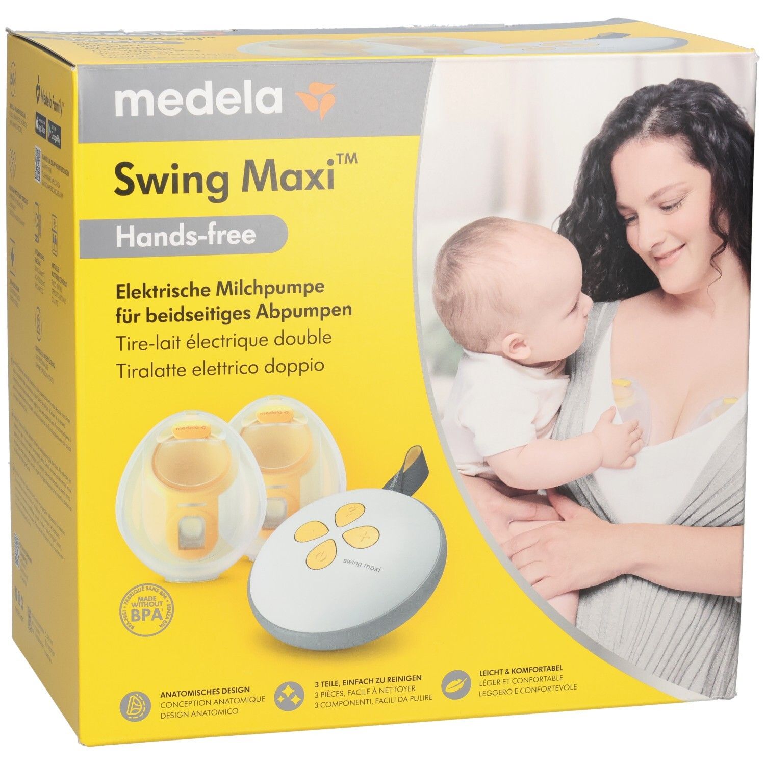 Vorderseite der Medela Swing Maxi™ Hands-free Doppelmilchpumpe Verpackung mit Produktabbildungen und Mutter mit Baby.