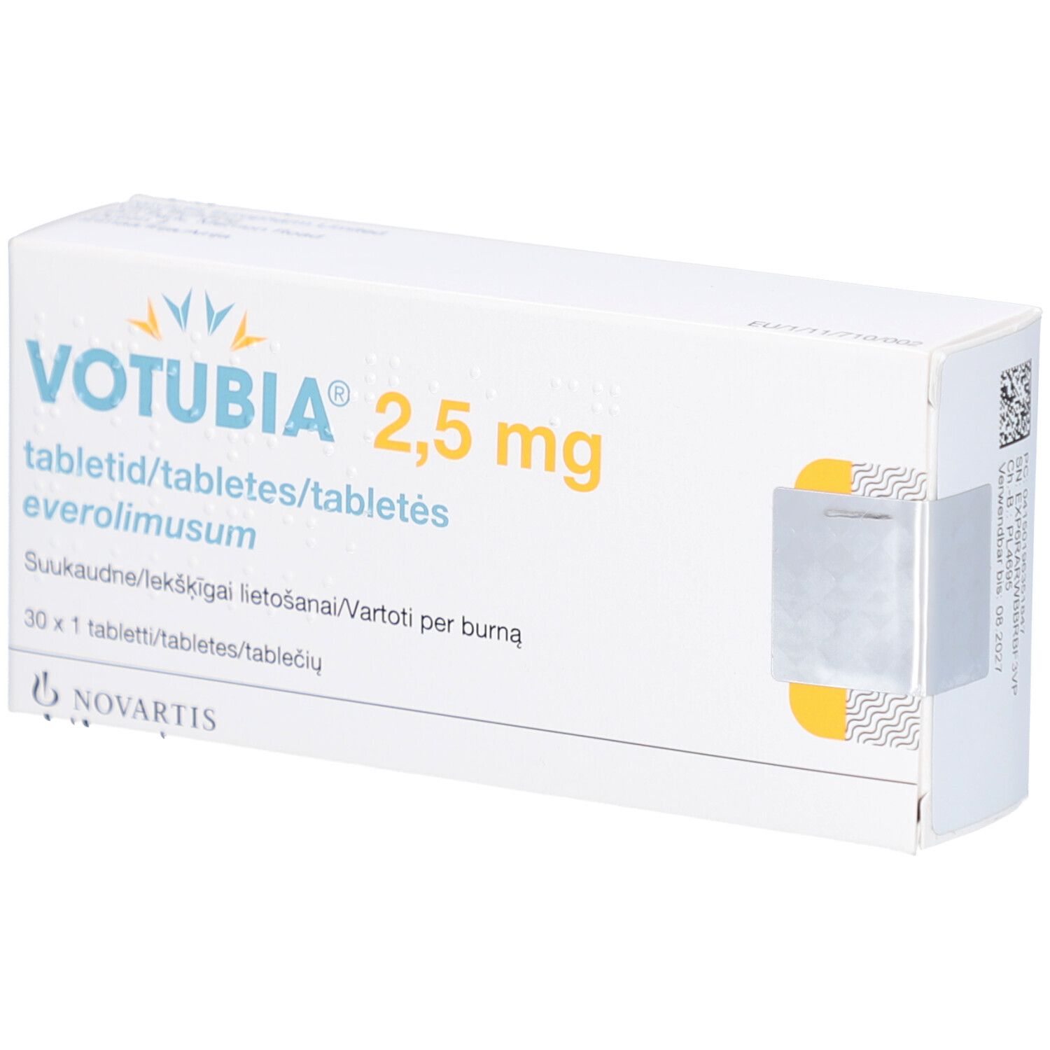 VOTUBIA 2,5 mg Tabletten-Packung. Weiße Schachtel mit gelber Schrift. Enthält 30 Tabletten. Novartis Logo.