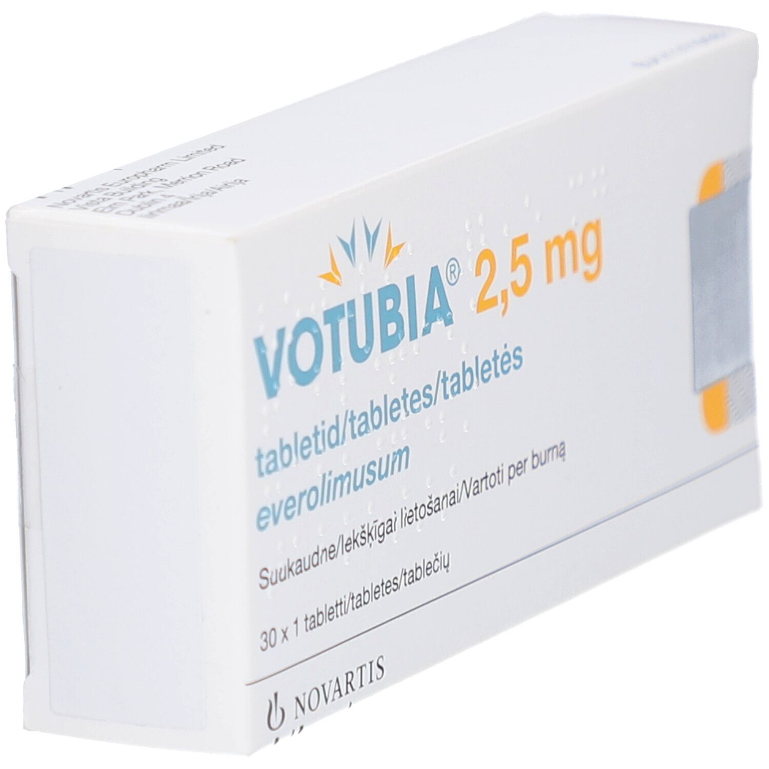 VOTUBIA 2,5 mg Tabletten-Packung. Weiße Schachtel mit gelber Schrift. Enthält 30 Tabletten. Novartis Logo.
