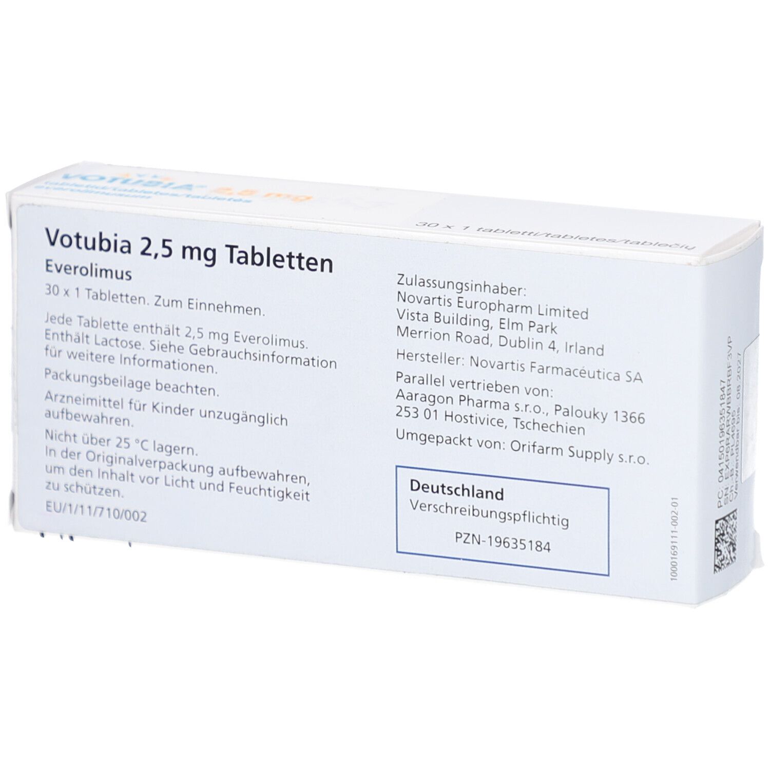 Rückseite der VOTUBIA 2,5 mg Tabletten-Packung. Enthält Informationen. Text in Deutsch. Novartis.