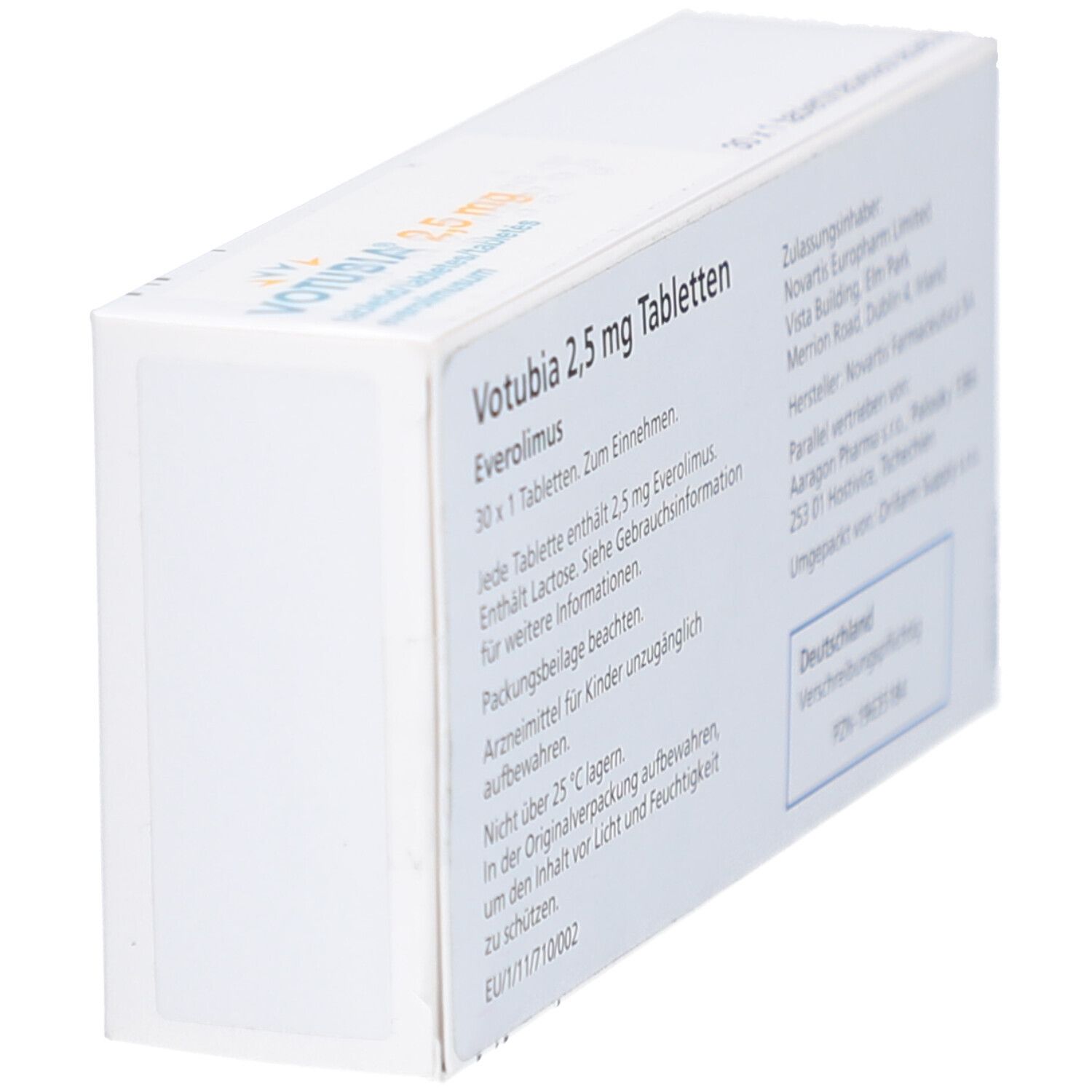 VOTUBIA 2,5 mg Tabletten-Packung. Weiße Schachtel mit gelber Schrift. Enthält Informationen. Novartis.