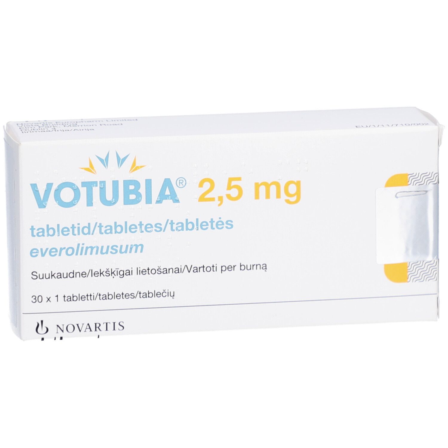 VOTUBIA 2,5 mg Tabletten-Packung. Weiße Schachtel mit gelber Schrift. Enthält 30 Tabletten. Novartis Logo.