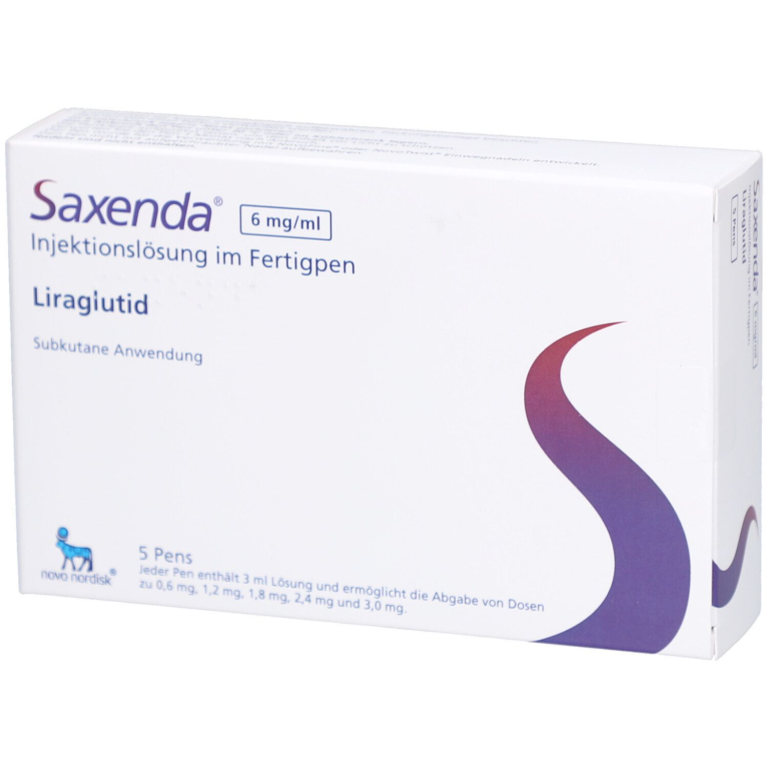 Weiße Schachtel mit Saxenda-Logo, 6 mg/ml, Injektionslösung im Fertigpen. Enthält 5 Pens. Novo Nordisk Logo.