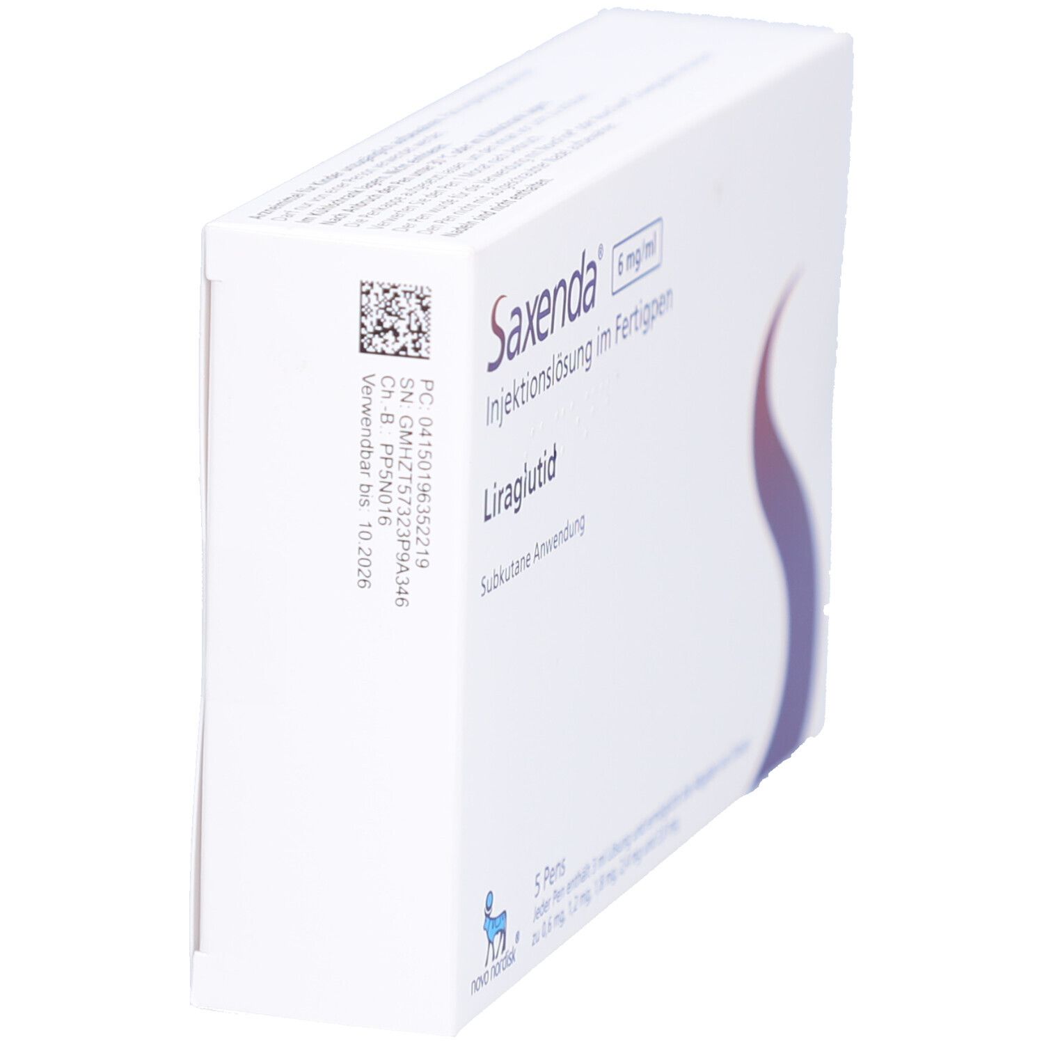 Weiße Schachtel, Saxenda-Logo, 6 mg/ml, Injektionslösung im Fertigpen. Aufdrucke mit Produktinformationen und QR-Code.