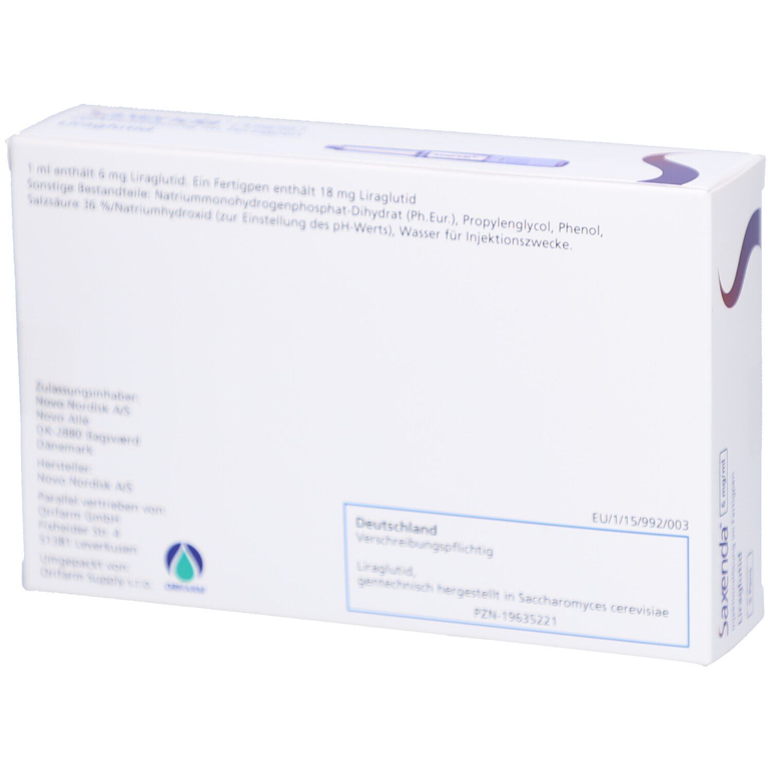 Rückseite der weißen Schachtel. Text mit Produktinformationen, Herstellerangaben und Logo. EU-Kennzeichnung.