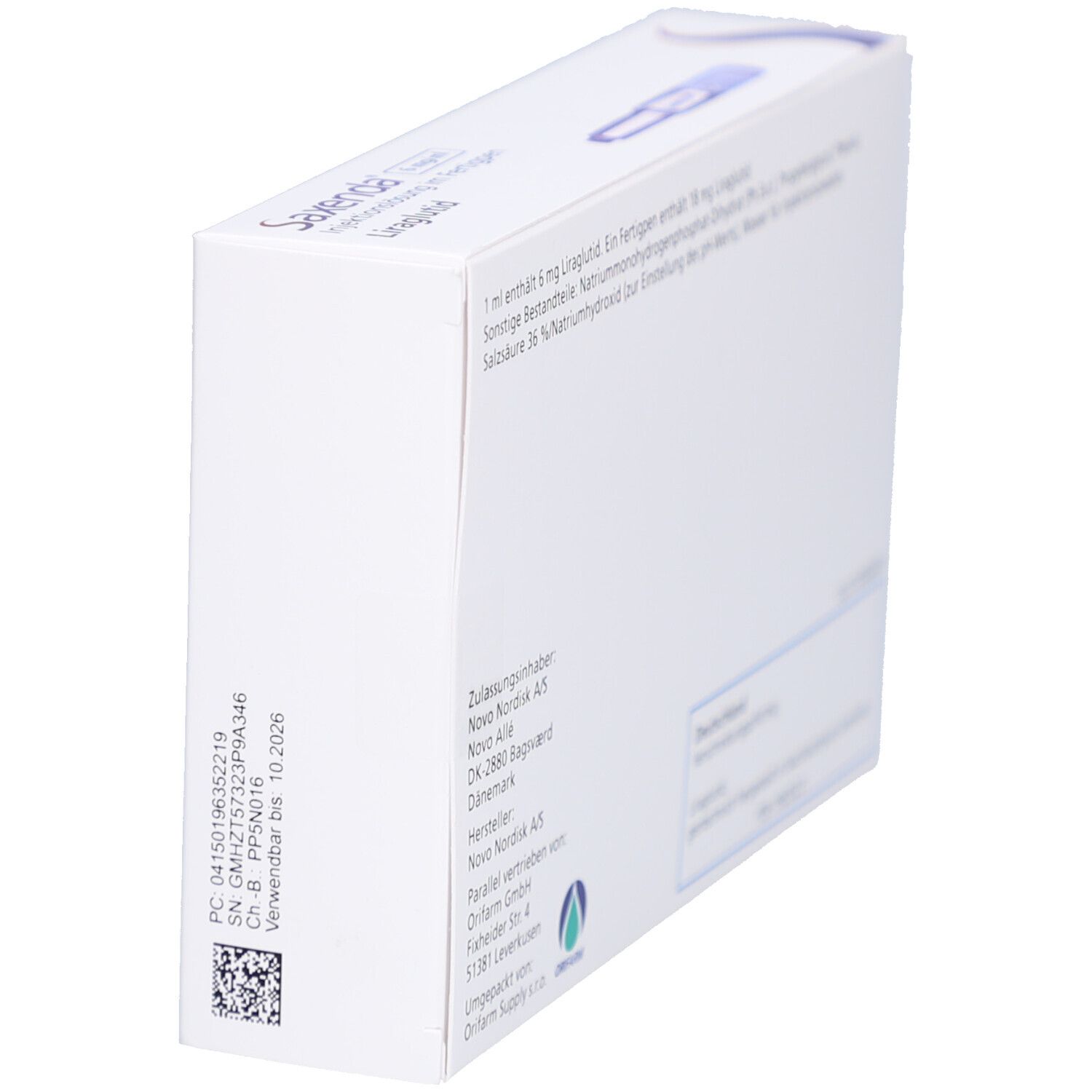 Schachtel schräg. Saxenda-Logo, 6 mg/ml, Injektionslösung im Fertigpen. Produktinformationen und QR-Code.