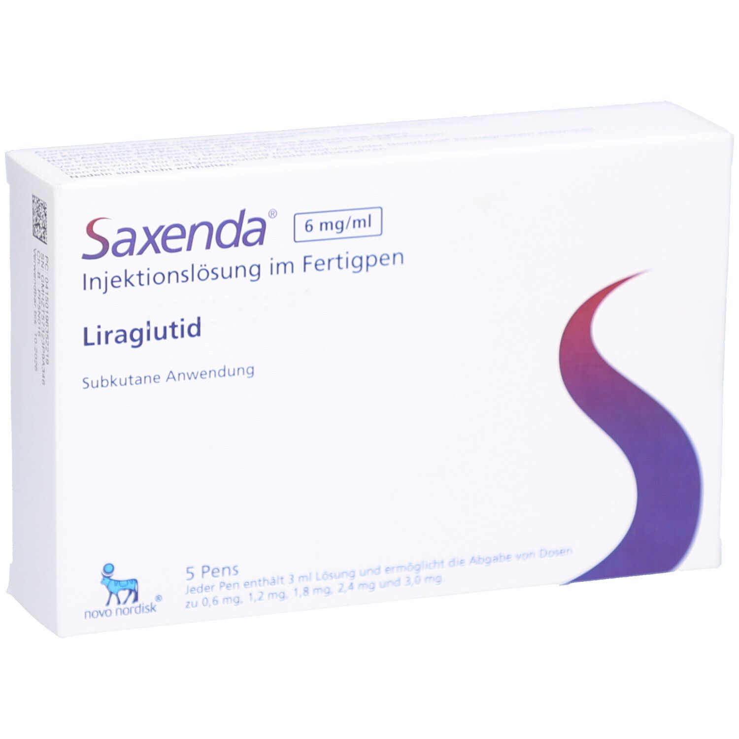 Weiße Schachtel mit Saxenda-Logo, 6 mg/ml, Injektionslösung im Fertigpen. Enthält 5 Pens. Novo Nordisk Logo.